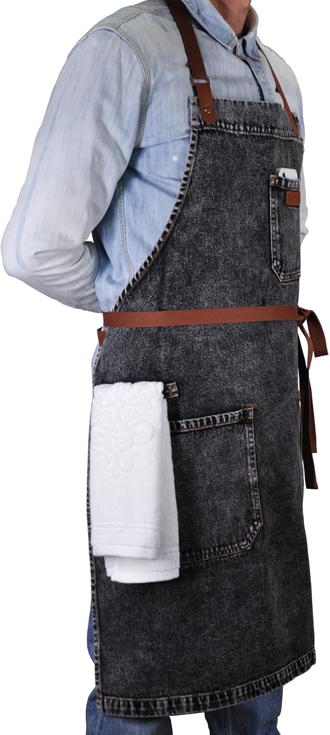 Denim Apron with Pockets, Mens Womens Professional Black Kitchen Bib Apron for Chef Cooking Grill BBQ, with Towel Loop and Adjustable Neck Straps