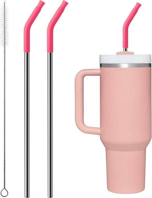 2 Pcs Stainless Steel Straws for 40 oz Stanley Tumbler, Replacement 40 oz Stanley Cup Straw Accessories with Silicone Tips and Cleaning Brush (Pink Dusk)
