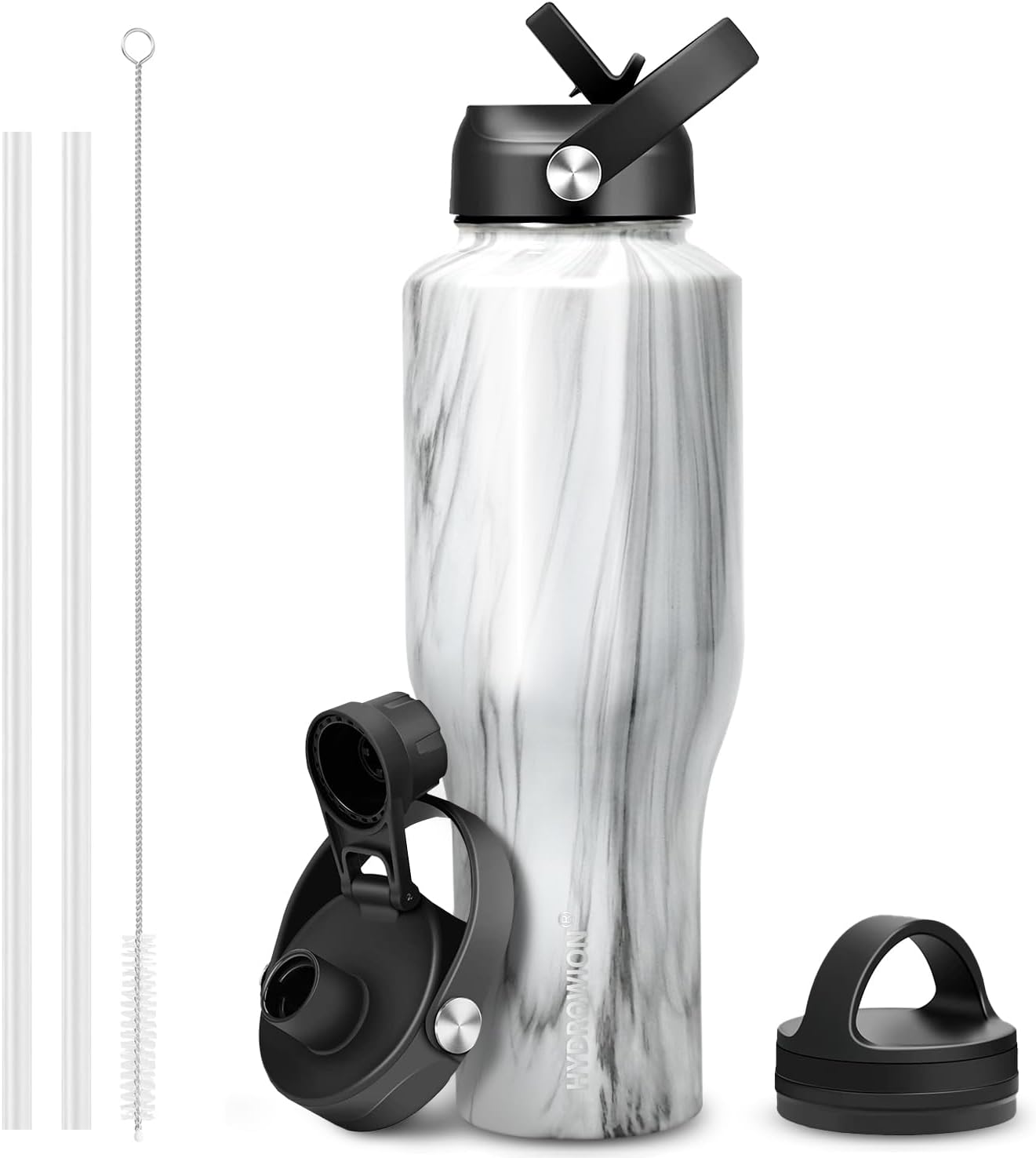 HYDROWION 40 oz Insulated Water Bottle with Straw fit in Car Cup Holder(Cold 48 hrs, Hot 24 hrs) Drinking Bottle with Straw Lid, Spout Lid and Flex Cap Leakproof Travel Thermo Mug，Marbling