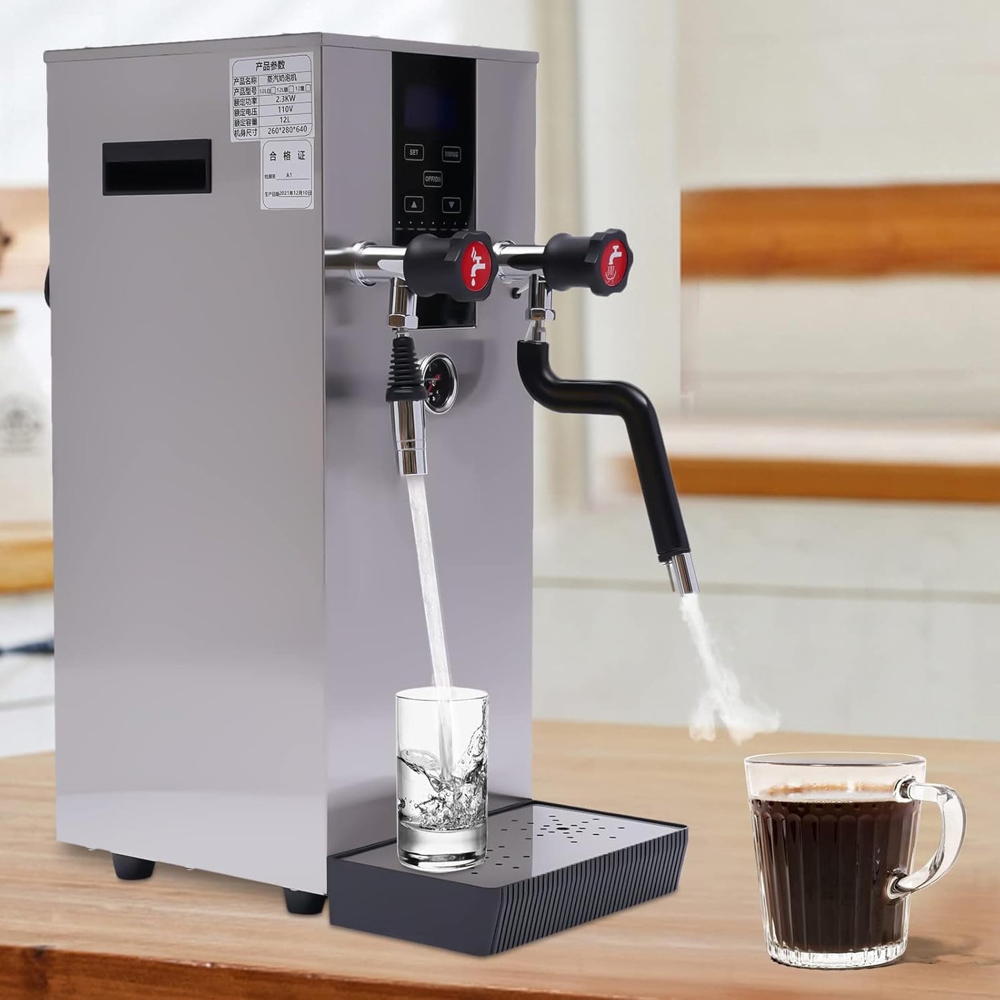 4 in 1 Commercial Espresso Machine 12L Commercial Milk Frother Boiling Water Milk Steam Milk Frothr Coffee Milk Foam Machine Steamer with LED Display for Coffee Tea Shop