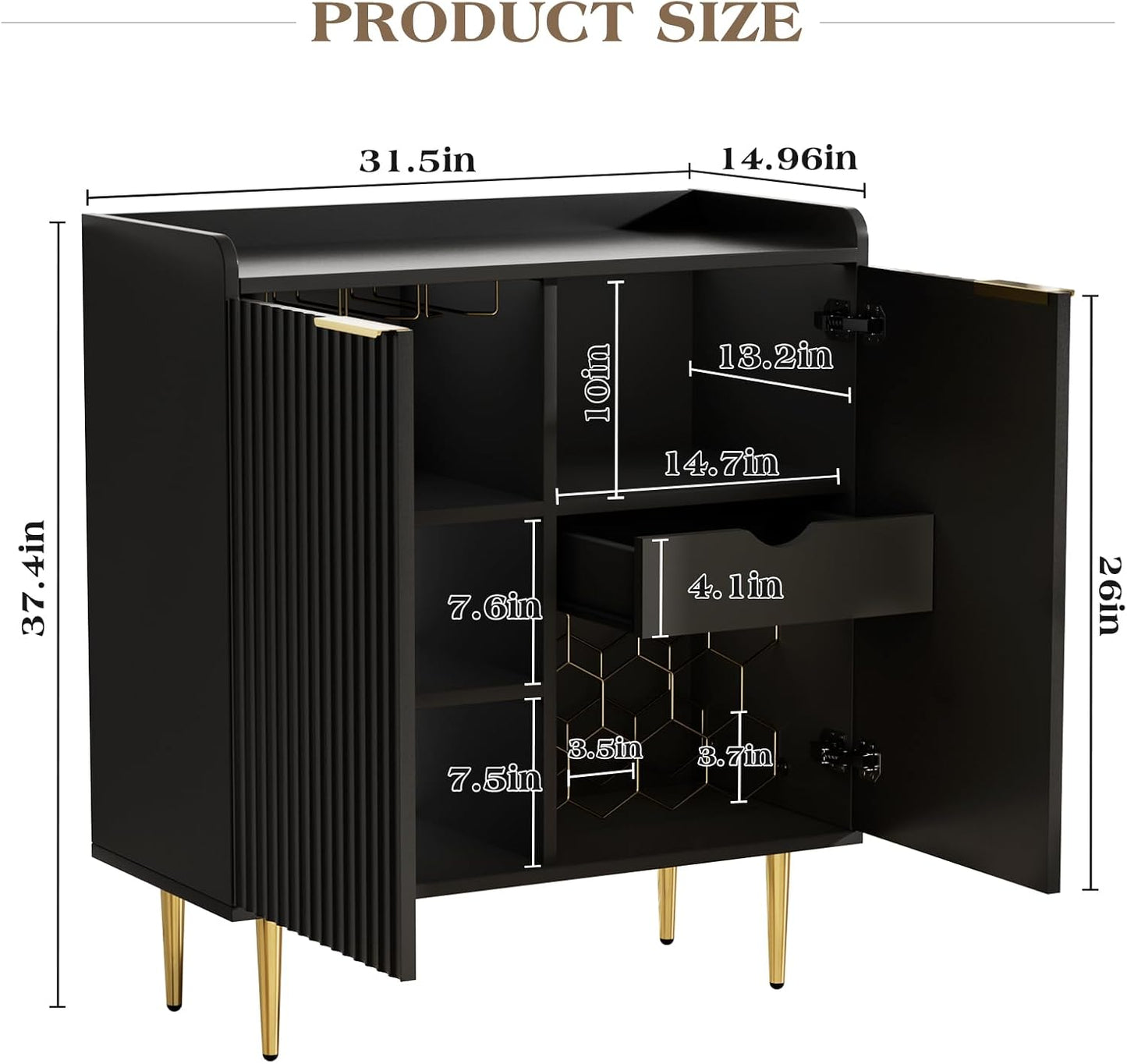 EOYUTLLY Coffee Bar Cabinet with Wine Rack & Glass Holder, Liquor Cabinet with Fluted Doors, Modern Sideboard Buffet Cabinet with Drawer Storage for Living Room Kitchen, Black