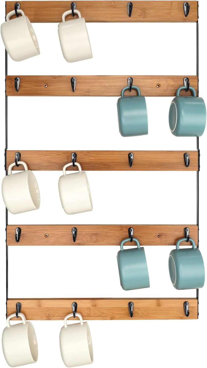 Wall Mounted Coffee Mug Holder, Large 5 Tier Shelf with 20 Hooks for Cups, Rustic Wooden Display Rack for Kitchens, Homes and Bars (Bamboo) ﻿
