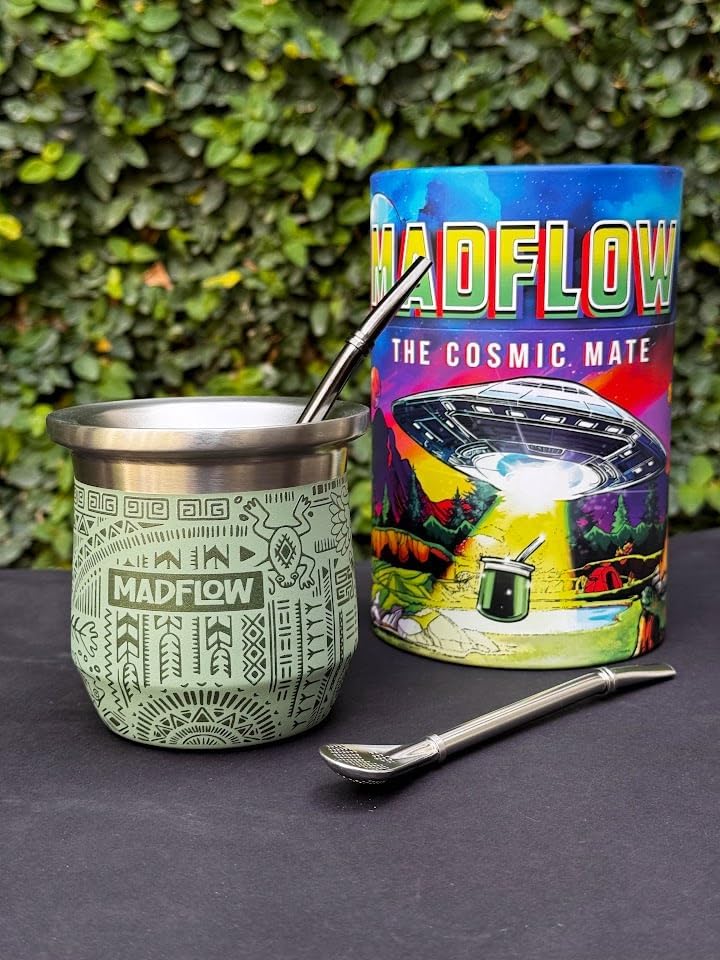 MADFLOW Yerba Mate Cup. Stainless Steel Mate Cup with 2 Bombillas. Double Wall Vacuum Insulated Yerba Mate Gourd. Unique Mate Cup And Bombilla Set