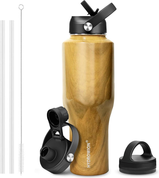 HYDROWION 40 oz Insulated Water Bottle with Straw fit in Car Cup Holder(Cold 48 hrs, Hot 24 hrs) Drinking Bottle with Straw Lid, Spout Lid and Flex Cap Leakproof Travel Thermo Mug，Wood