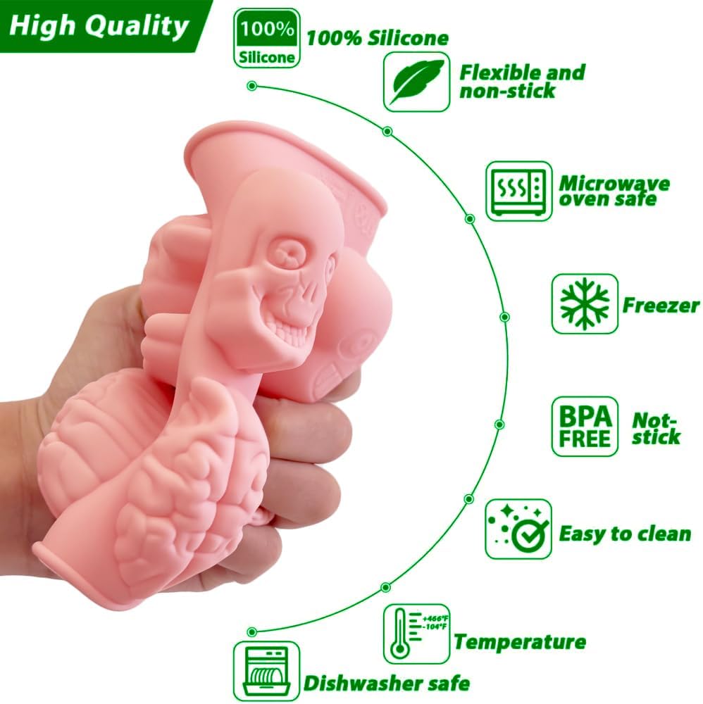 Halloween Chocolate Mold Silicone,2pcs Cavity Candy Gummy Mold with Skull and Brain for Baking Chocolate Jelly Gummy Desser