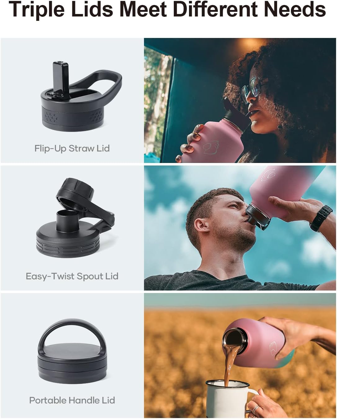 BUZIO 64 oz Water Bottle Insulated with Straw & 3 lid and Carrying Pouch, Leak Proof Half Gallon Stainless Steel Water Flask Jug, Cold for 48 Hrs Double Vacuum Thermo Canteen, BPA-Free, Bubble Gum