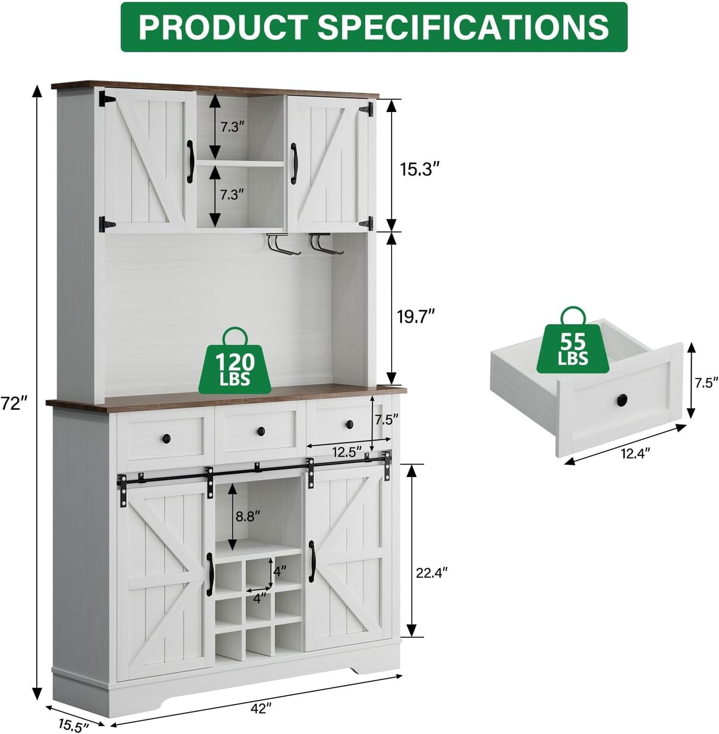 4 EVER WINNER 72" Coffee Bar Cabinet with Sliding Barn Door & Wine Racks, Hutch Cabinet with Storage and 3 Drawers, Farmhouse Coffee Bar with Wine Glass Holder for Dining Room Kitchen, White