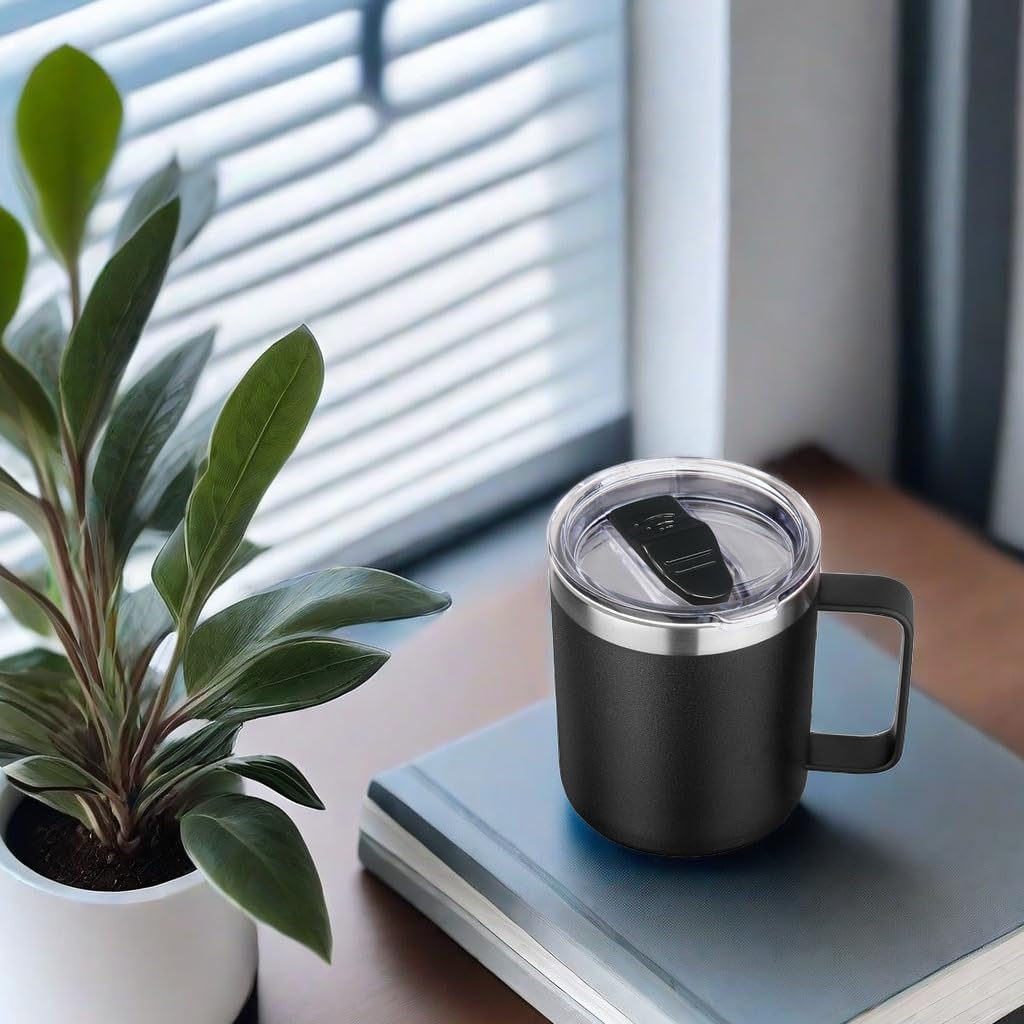 Volhoply 14oz Insulated Stainless Steel Coffee Mug with Lid Bulk 4 Pack,Double Wall Vacuum Travel Coffee Cup with Handle,Reusable Metal Cups Tumbler,Camping Mugs Keep Hot,Ideal Gifts(Black,4)