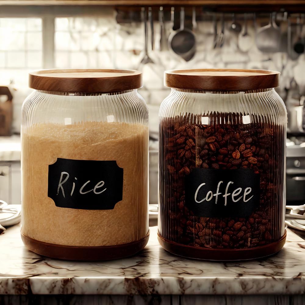SAIOOL 2-Pack Striped Borosilicate Glass Airtight Canisters - Big mouth Large Capacity, Acacia Wood Lid, Food Storage Jars for Flour, Pasta, Pantry Organization (3/4 Gallon （2 Striped pack）)