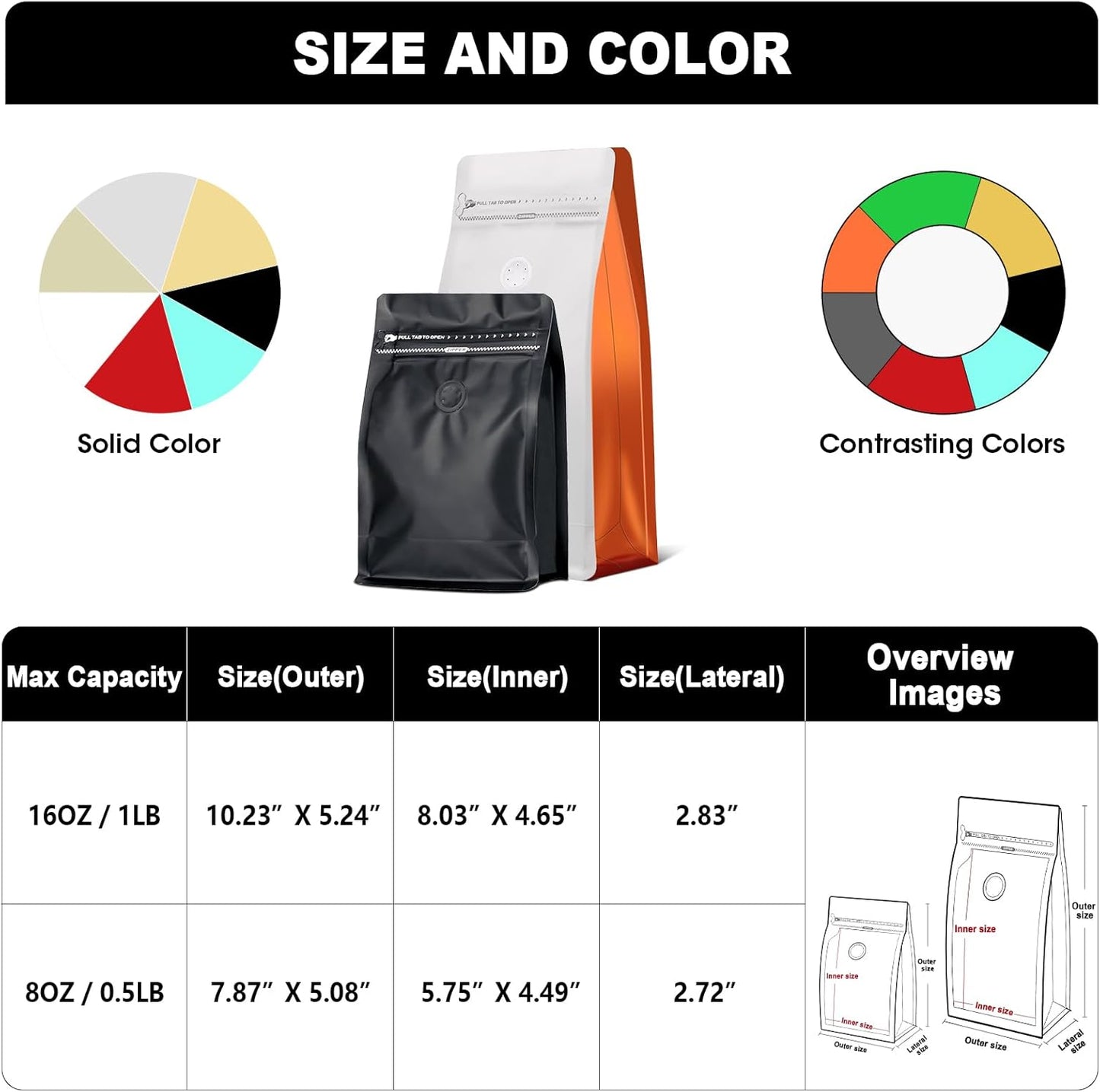 Coffee Bags with Valve(60pcs,16 oz,1 lb) Vented Coffee Beans Packaging Bags High Barrier Aluminumed Foil Flat Bottom Heat Sealed Side Zipper Resealable Storage Bag for Home or Business (White+Blue）