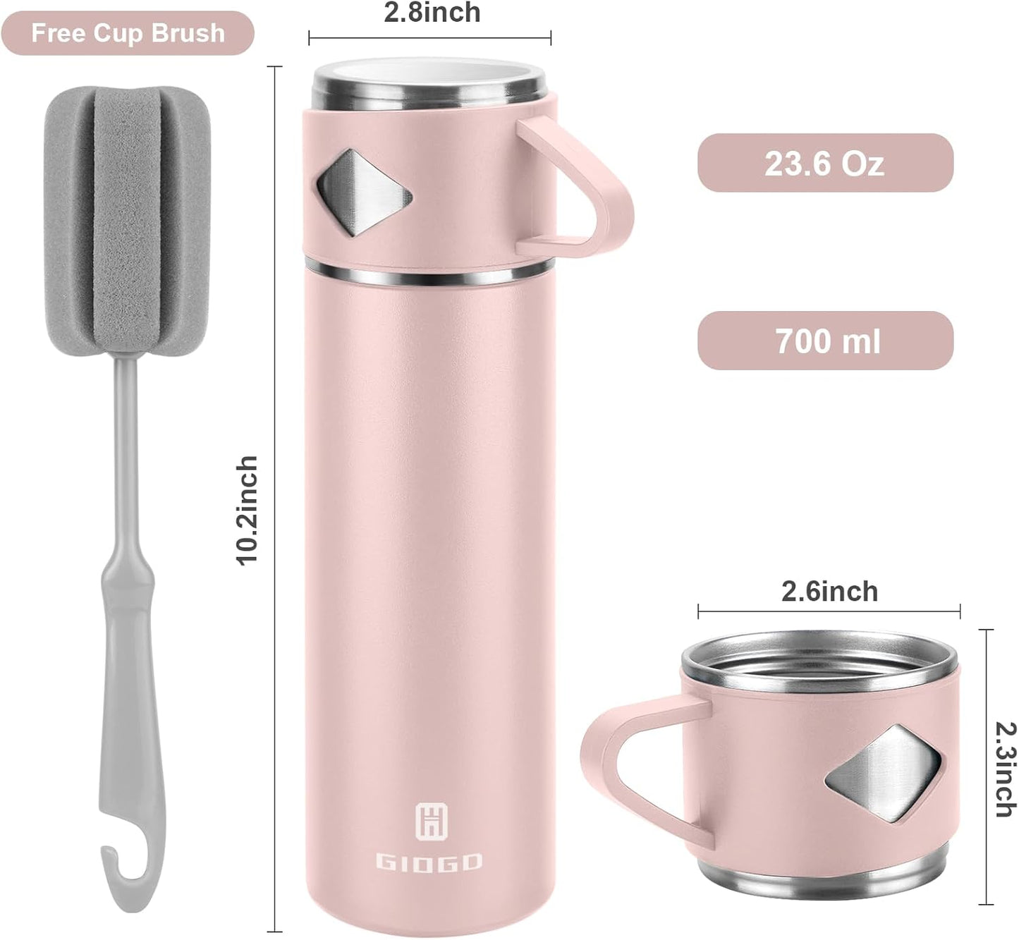 Stainless Steel Thermo 700ml/23.7oz Vacuum Insulated Bottle with Cup for Coffee Hot drink and Cold drink water flask.(Pink,Set)