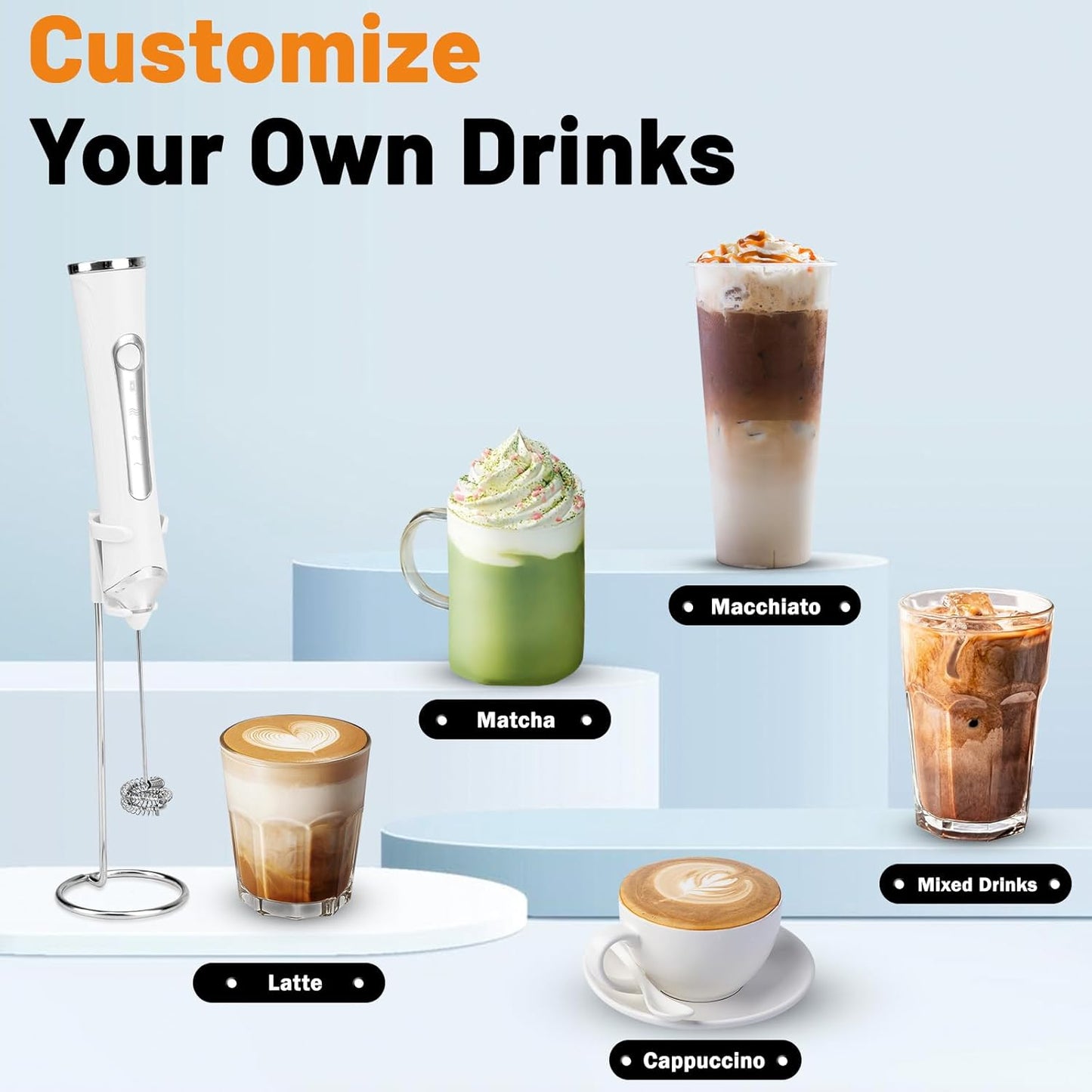 TonJin Milk Frother USB C Rechargeable New Upgraded Handheld Frother Wand with 2 304 Stainless Whisks 1 Stand, 3 Speeds Electric Coffee Whisk Frother for Lattes, Cappuccino, Egg, Matcha, White