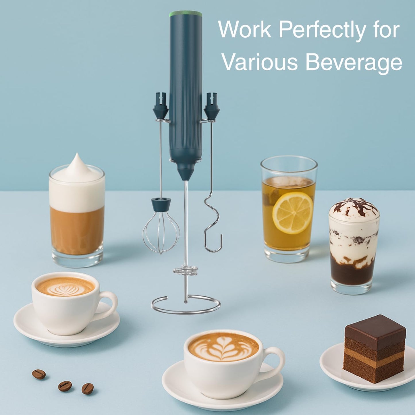 Milk Frother Handheld with 3 Stainless Steel Whisks, Rechargeable Electric Drink Mixer with Stand & Travel Case, Milk Foamer for Coffee, Latte, Cappuccino, Hot Chocolate, Egg,Jam Supplement-Green