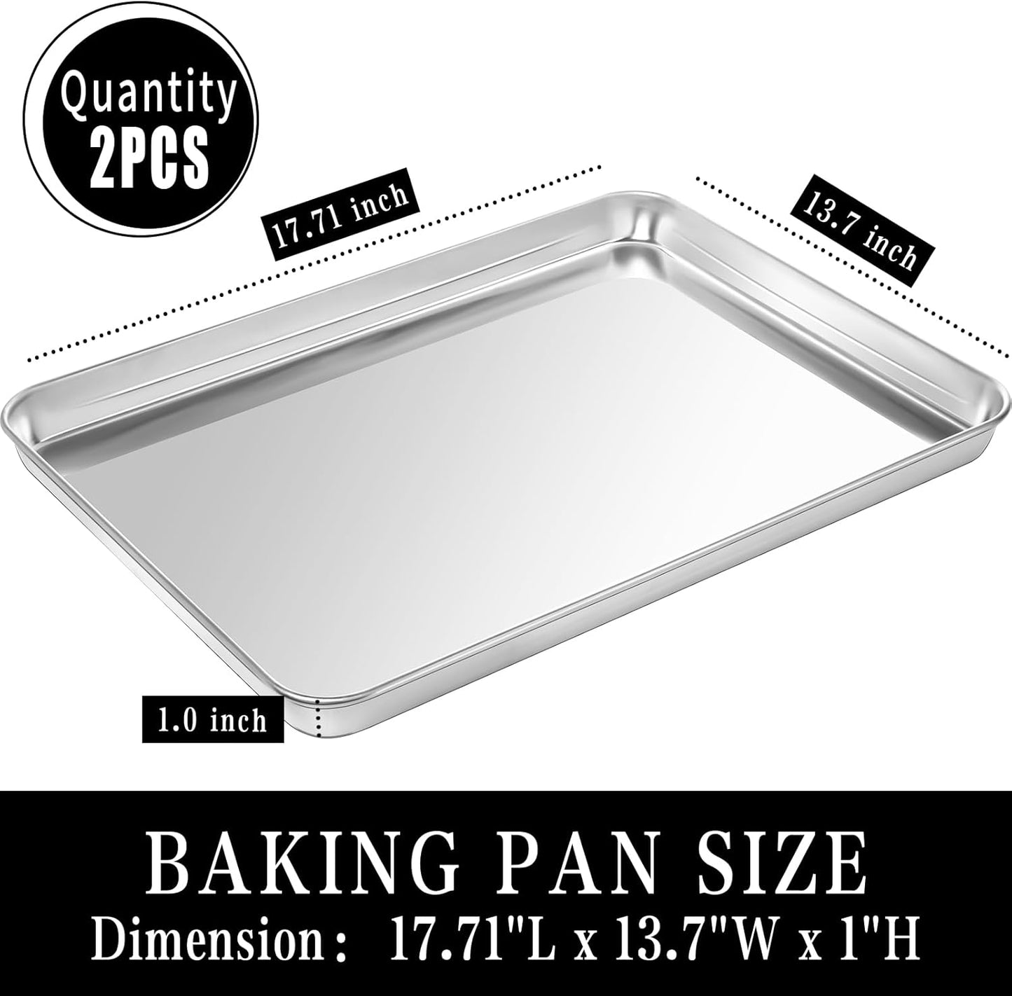 Stainless Steel Baking Sheet Set, 2 Pcs Half Cookie Sheet Pan Baking Trays for Oven, Non Stick and Heavy Duty and Easy Clean, 17.71 x 13.7 x 1 Inch