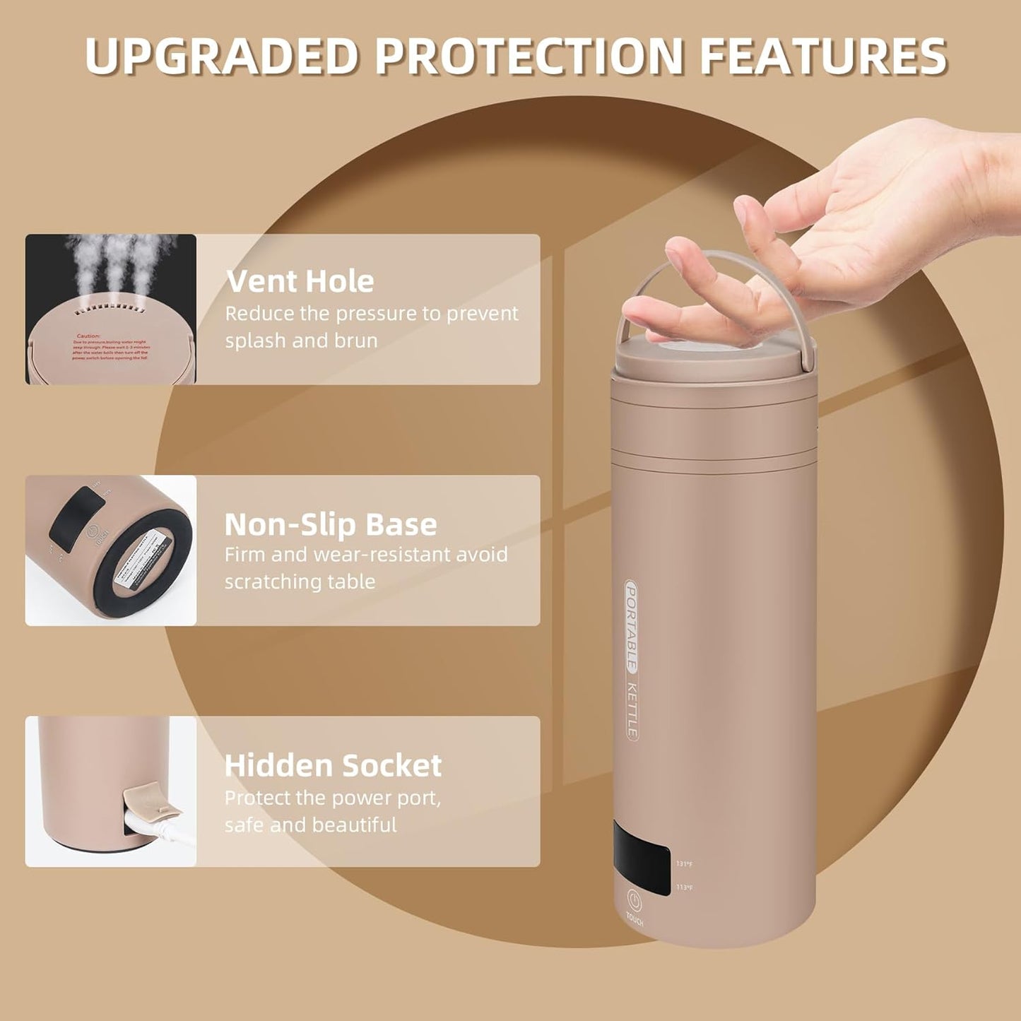 Travel Electric Kettle Portable Small Mini Tea Coffee Kettle Water Boiler, Water Heater with 4 Temperature Control,304 Stainless Steel with Auto Shut-Off & Boil Dry Protection, BPA-Free (Khaki)