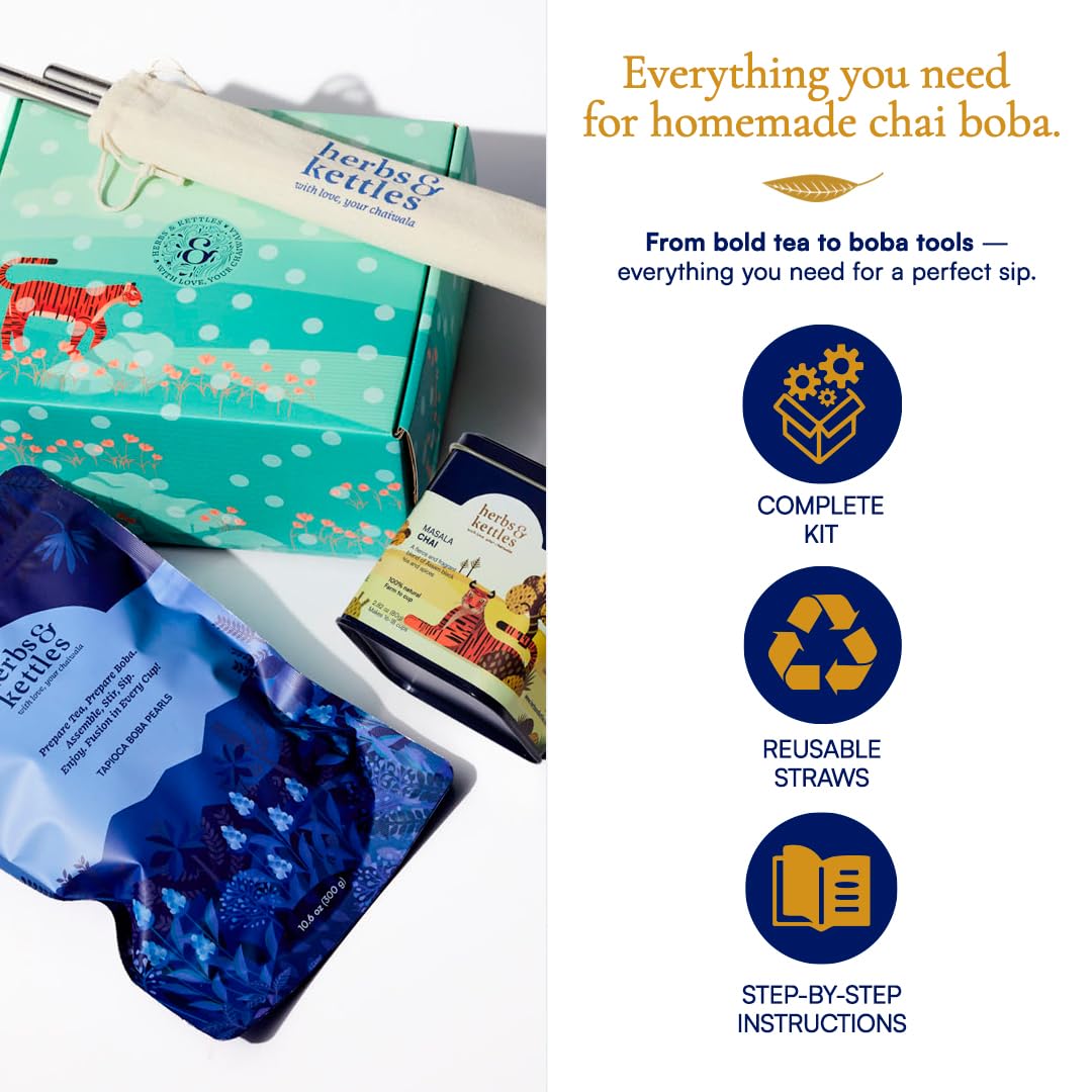 Herbs & Kettles Masala Chai Boba Kit | Assam Black Tea with Ginger, Cardamom, Cinnamon, Cloves & Black Pepper + Chewy Tapioca Pearls | DIY Bubble Tea Kit with Reusable Straws & Easy Instructions