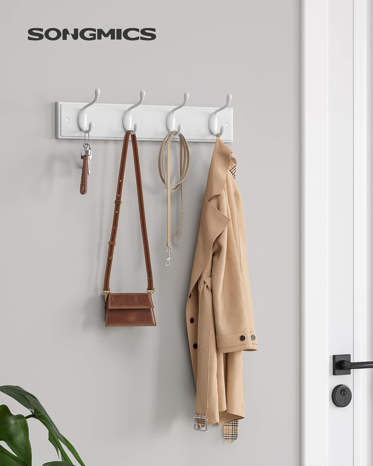 SONGMICS Set of 2 Wall-Mounted Coat Rack, Hook Rack, 8 Dual Metal Hooks, for Coats, Bags, Keys, in The Entryway, Bedroom, Living Room, White ULHR232W01