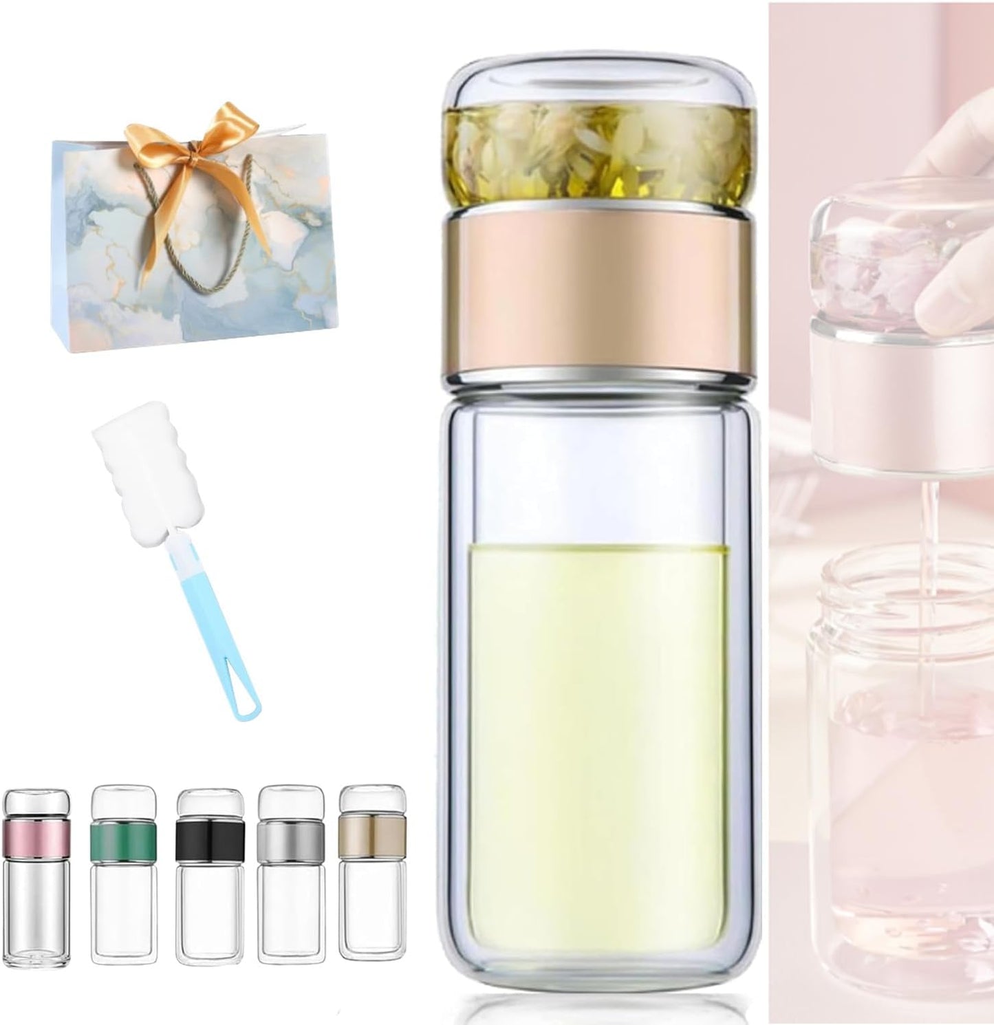 Tryteava Glass Infuser, Tryteava 3-in-1 Smart Tea Infuser, Portable Glass Double Wall Tea Infusers Bottle, with Stainless Steel Filter, Hot & Cold Brew, For Loose Leaf, Office Home (Gold, 280ml)