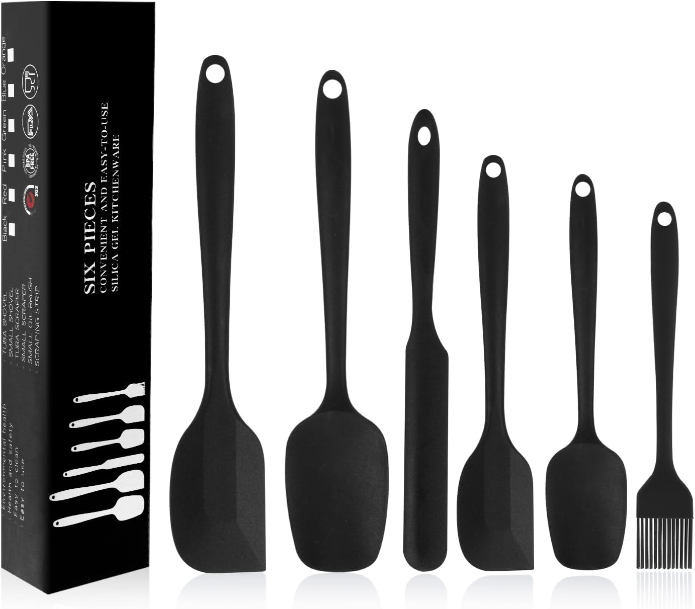 Silicone Spatulas Set of 6, Rubber Spoon Spatula Heat Resistant Spoonula One Piece Design Seamless Spatula Non-Stick Scrapers Baking Mixing Tool (Black)