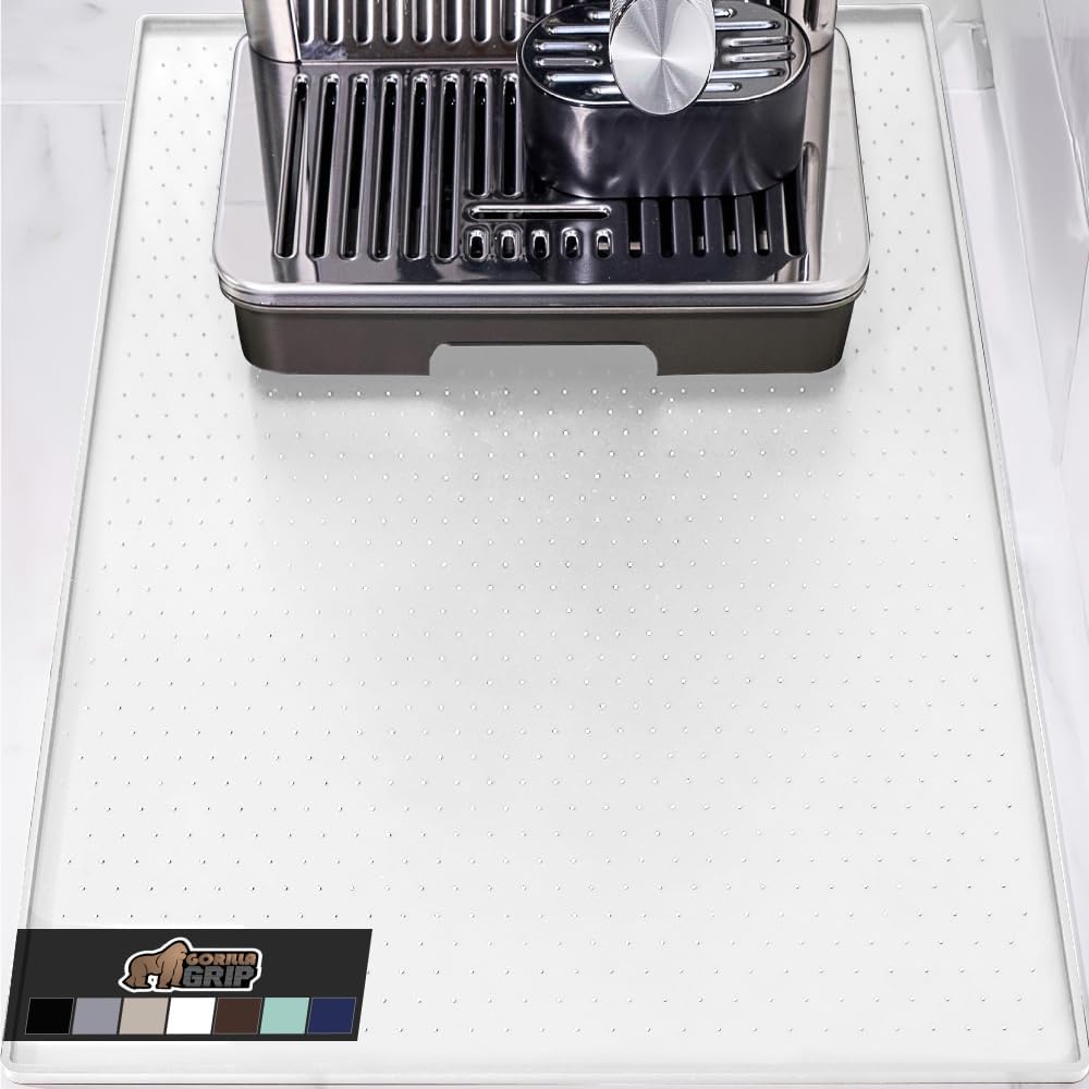 GORILLA GRIP Silicone Coffee Mat, 18x28, Espresso Drink Bar Station Accessories, Waterproof Heat-Resistant Dish Drying Mats, Stay in Place on Kitchen Counter, Home Kitchen Decor Essentials, White