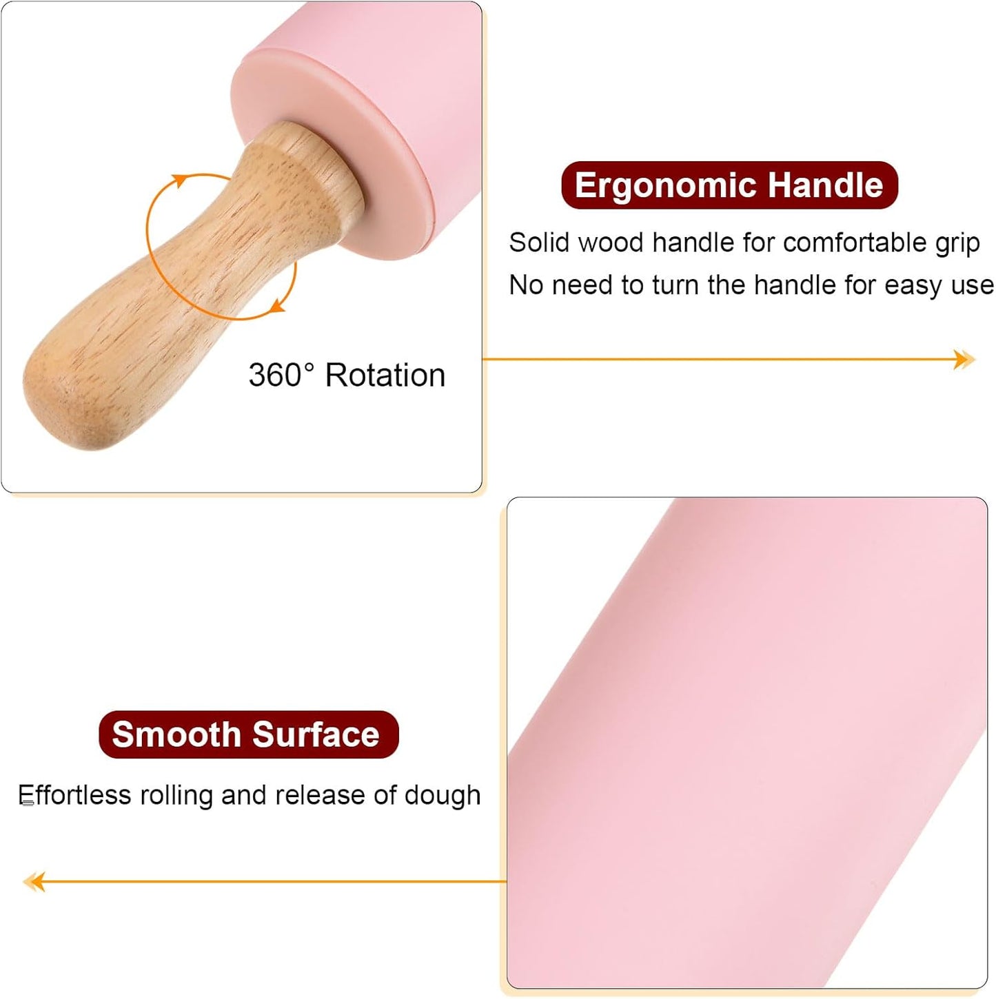 HARFINGTON Silicone Rolling Pins for Baking 9 Inch Wooden Handle Non Stick Rolling Pin Small Roller Playdough Rolling Pins for Dough Pizza Pastry Fondant Kitchen, Pink