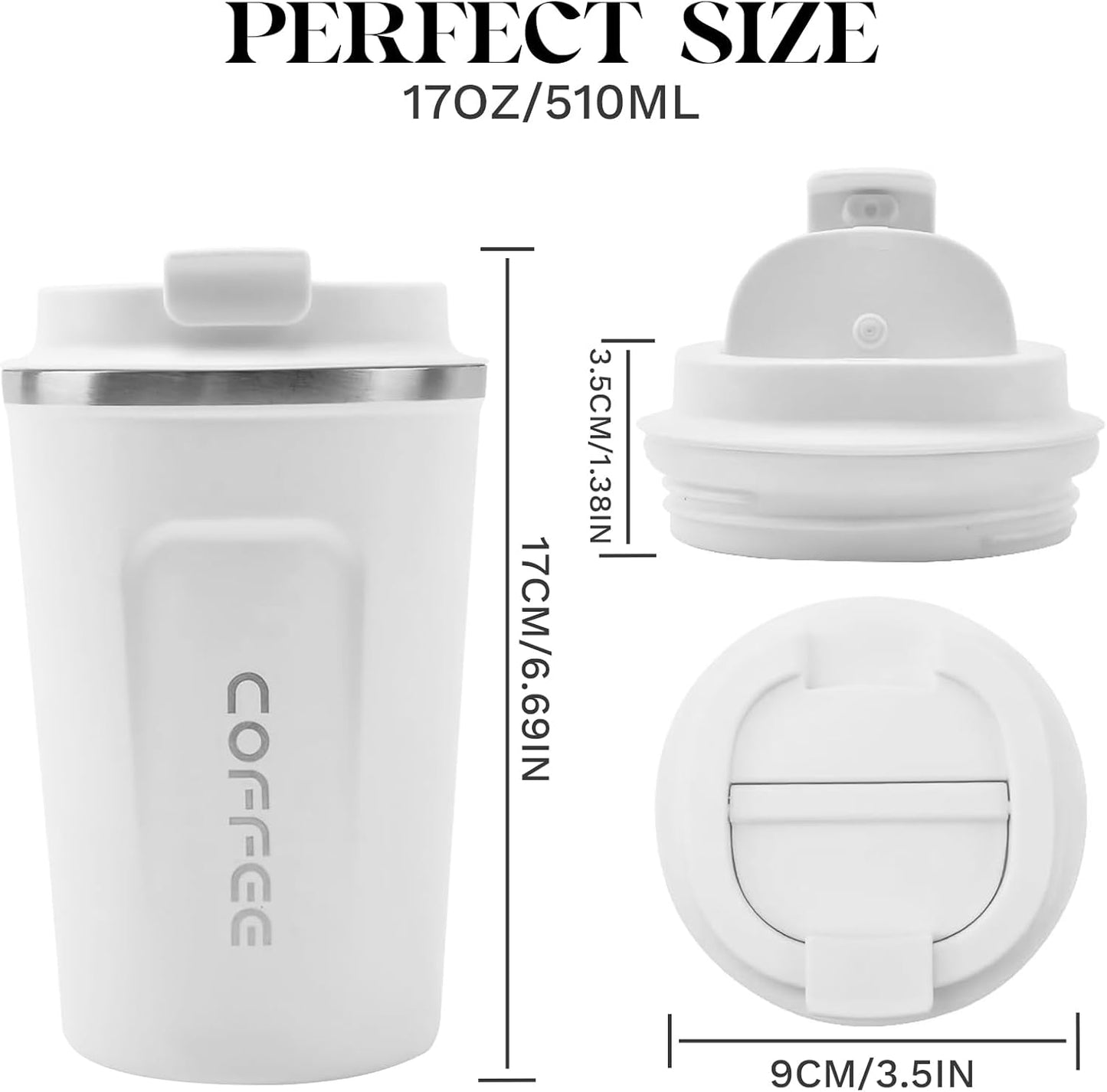 YINBAOGE Insulated Travel Coffee Mug Spill Proof Leak Proof Pobtable To Go Camping Stainless Steel Coffee Tumbler Reusable Coffee Cups with Lids Thermos for Hot and Cold Drink (2nd-White, 17 OZ)