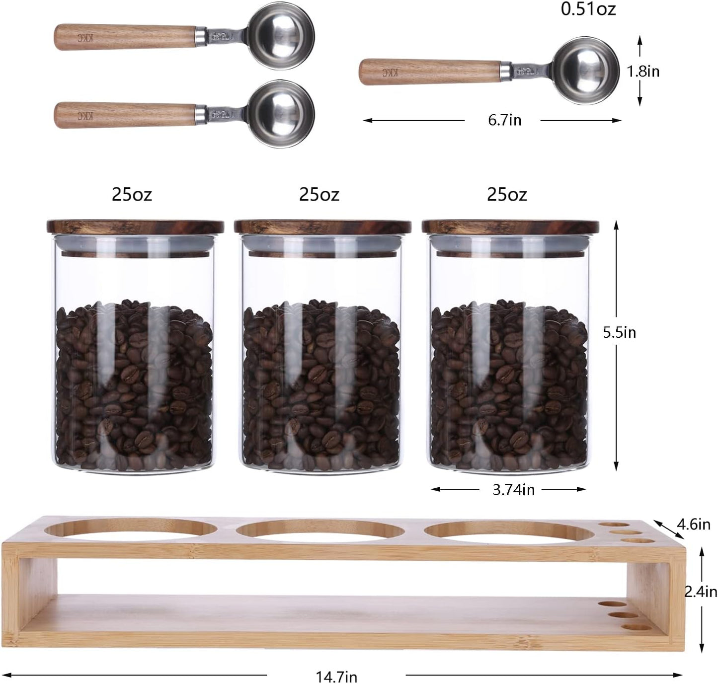 KKC HOME ACCENTS Sealed Glass Food Storage Jars with Scoop for Kitchen Counter,Glass Tea Canisters for Loose Tea,Ground Coffee,Bean,Sugar,Nut,Wooden Top Glass Containers with Spoons,25 Fluid-oz