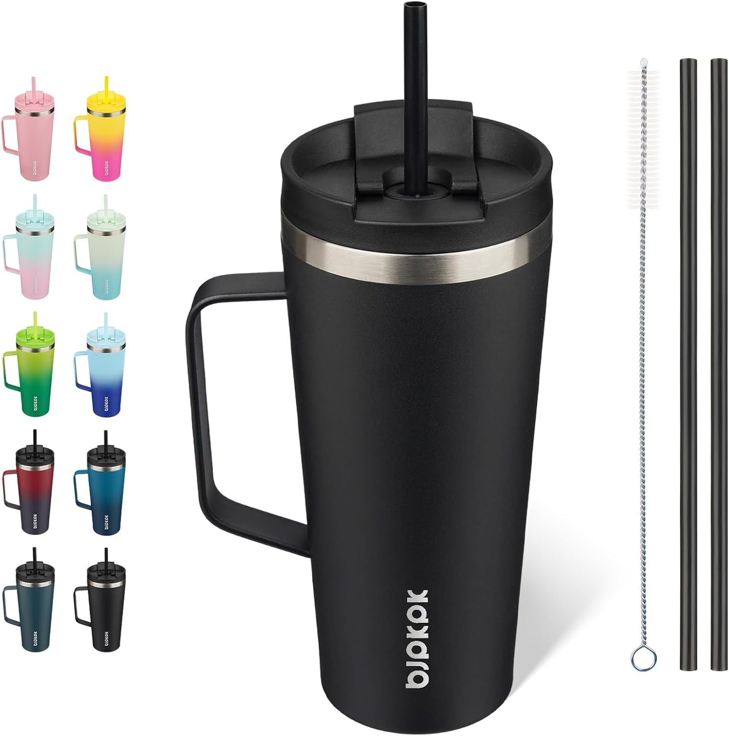 BJPKPK Insulated Tumbler with Handle, 22oz Insulated Tumblers with Lid and Straw, Stainless Steel Metal Water Bottles, Coffee Travel Mugs, Cups, Black