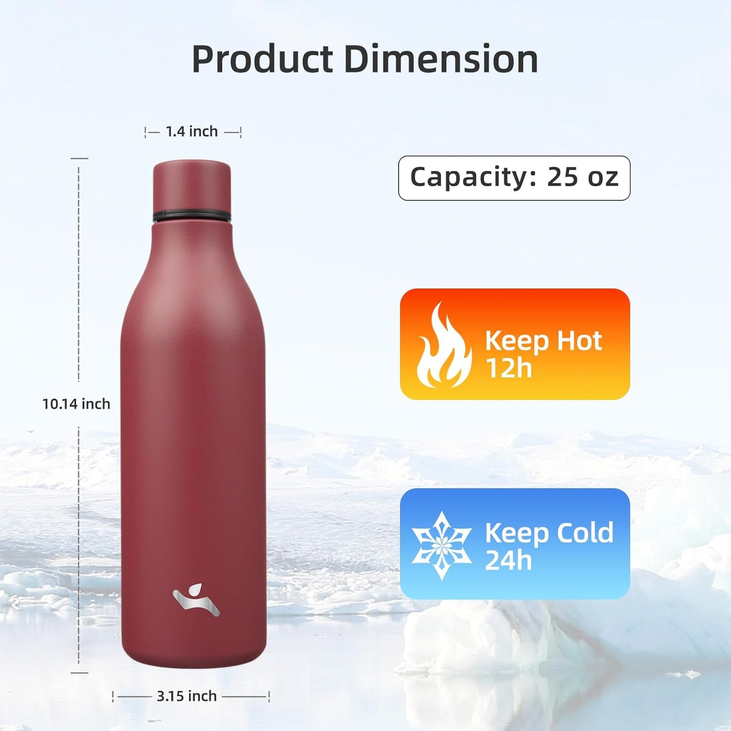 Insulated Water Bottle with Strap,25 oz Double Wall Stainless Steel Vacuum Bottles Metal Water Flask,Brick Red