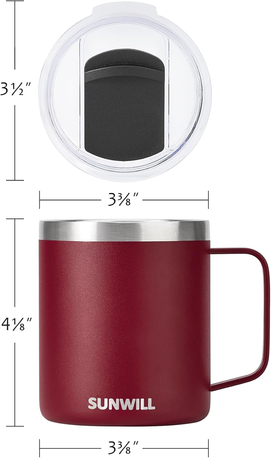 SUNWILL Travel Coffee Mug with Lid, Insulated Tumbler with Handle, 14 oz Stainless Steel Cup for Ice, Water, Tea, Powder Coated Wine Red