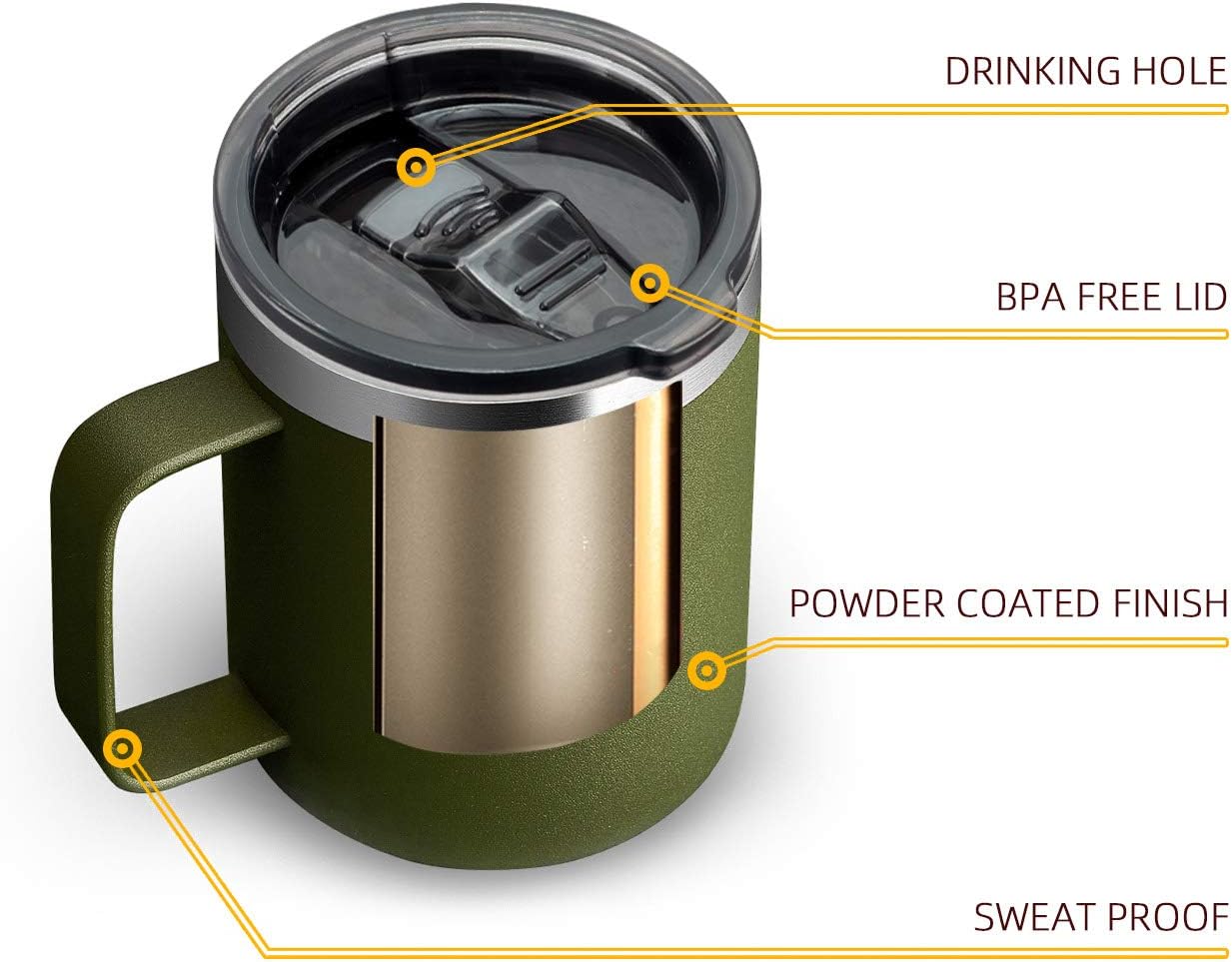 ALOUFEA 12oz Stainless Steel Insulated Coffee Mug with Handle, Double Wall Vacuum Travel Mug, Tumbler Cup with Sliding Lid, Army Green