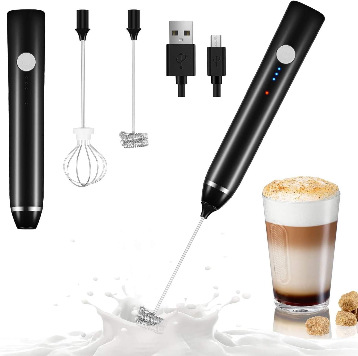Milk Frother Handheld,Dallfoll USB Rechargeable Electric Foam Wand Maker for Coffee, 3 Speeds Mini Milk Foamer Drink Mixer with 2 Whisks for Bulletproof Coffee Frappe Latte Cappuccino Hot Chocolate