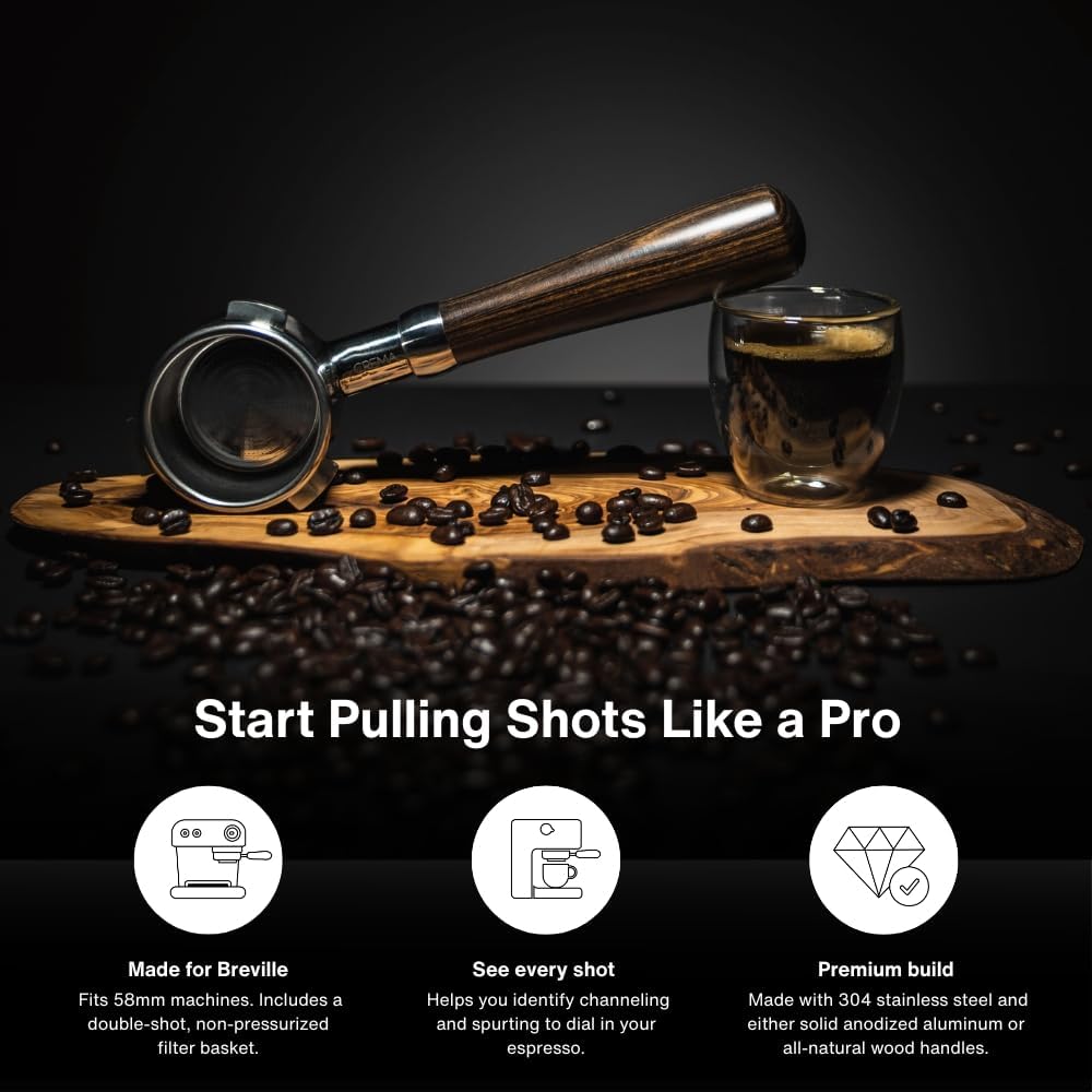 Crema Coffee Products 58mm Bottomless Naked Portafilter | Compatible with 54mm Breville Machines | Includes Double Shot Filter Basket | Matte Black