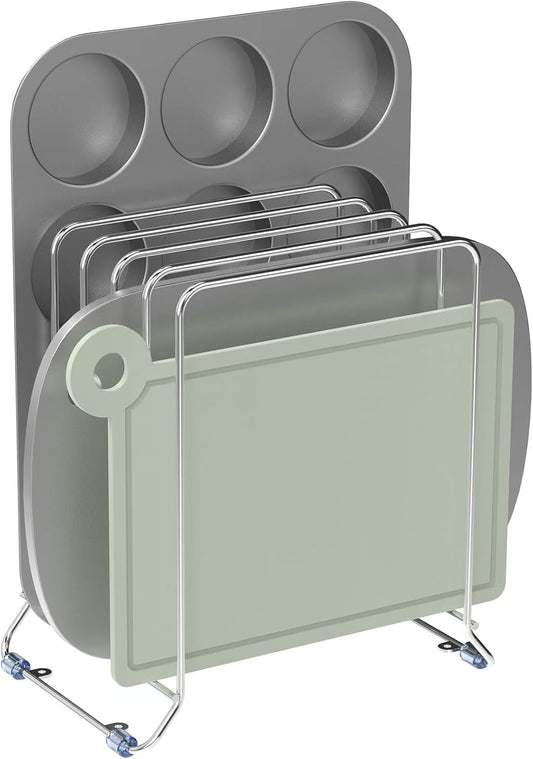 AKAZA 2 Pack-X-Large Kitchen Cabinet Organizer - Storage Tray Organizer Rack for Kitchen Cabinet - Divided Holder with 5 Slots for Skillets, Cutting Board, Baking Sheets(Chrome)