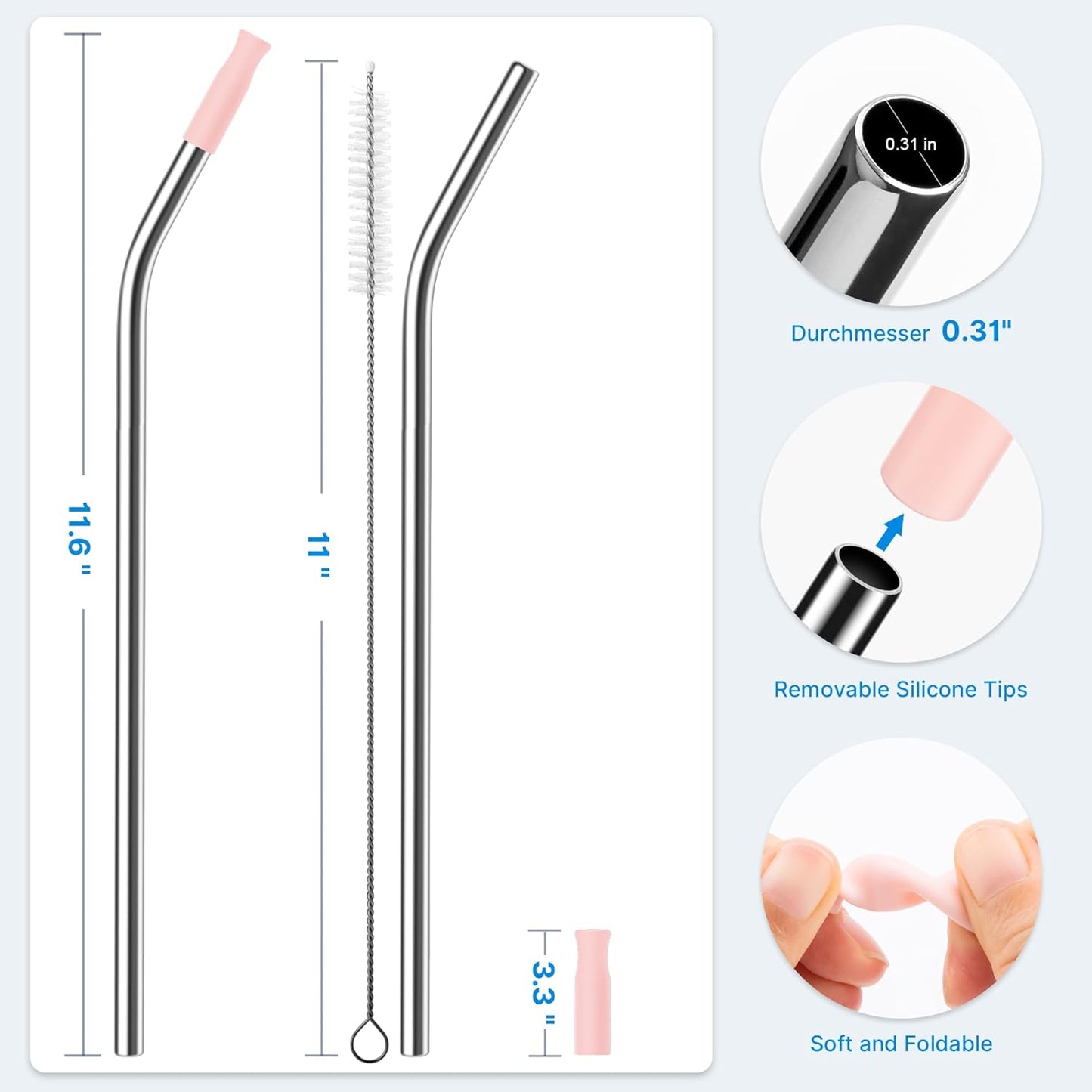 Repeatable Metal Straw with Silicone Tips for 30 oz Stanley Tumbler, 2 Pcs 30 oz Stainless Steel Straws Replacement for Stanley Tumbler, 1 Straw Brush, BPA Free（Light Pink）