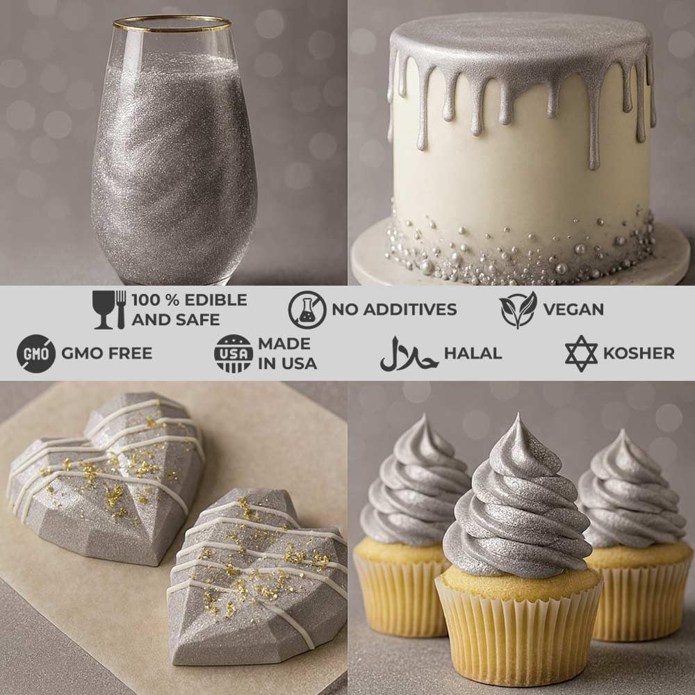 Bulk (20g) Silver Luster Dust Edible Glitter for Cocktails | Premium Edible Silver Luster Dust for Cake Decorations - Edible Glitter for Drinks Cupcakes Cookies Cakes Food Paint