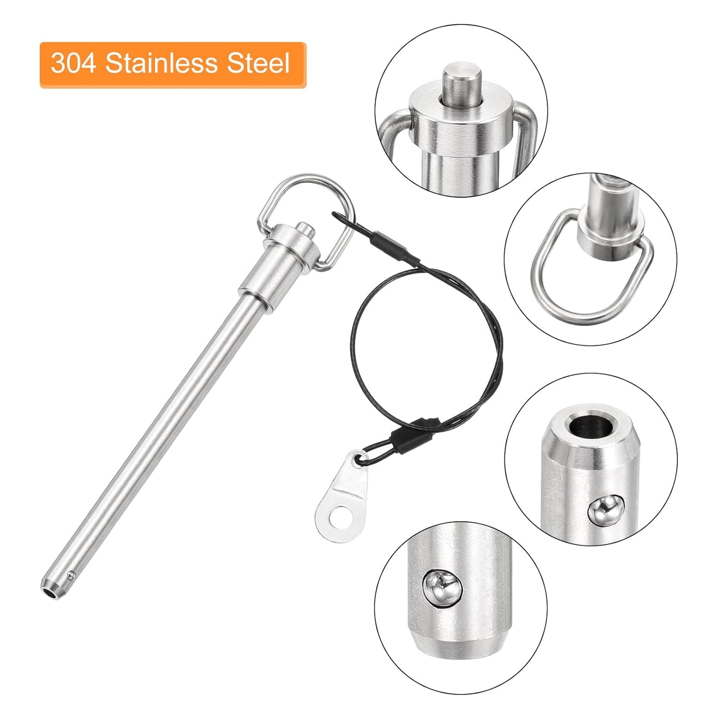 uxcell 1 Pcs Quick Release Pin, 5/16" x 4"(Dia. x L) Push-Button Ball Locking Pin 304 Stainless Steel Ring Handle Locking Pin with Wire for Audio Bimini Top Marine, Silver