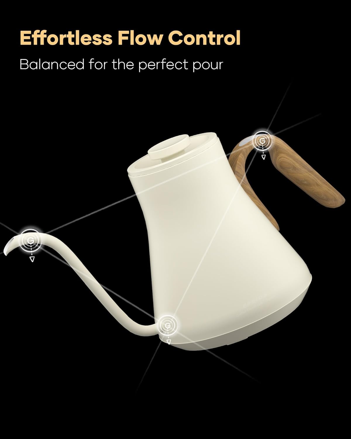 Cocinare FLOW B9 Gooseneck Electric Kettle, Precise Temperature Control for Pour-Over Coffee & Tea Brewing, Stainless Steel Interior, Rapid Heating for Boiling Water 1500W/0.9L (White Wooden)