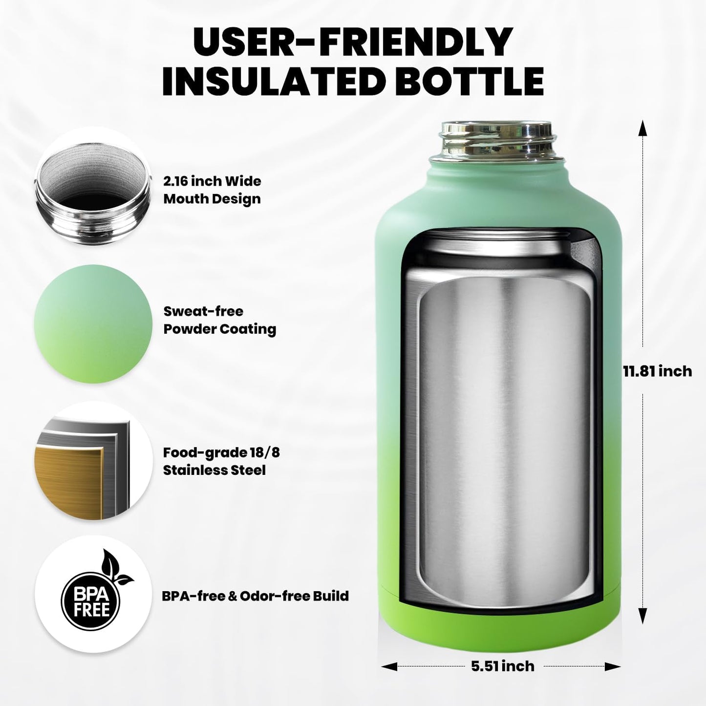 One Gallon Water Bottle Insulated, Triple Walled Vacuum Stainless Steel (Cold for 48 Hrs), Leak Proof & Non-BPA, Large Water Flask Jug with Paracord Handle & Straw Spout Lids