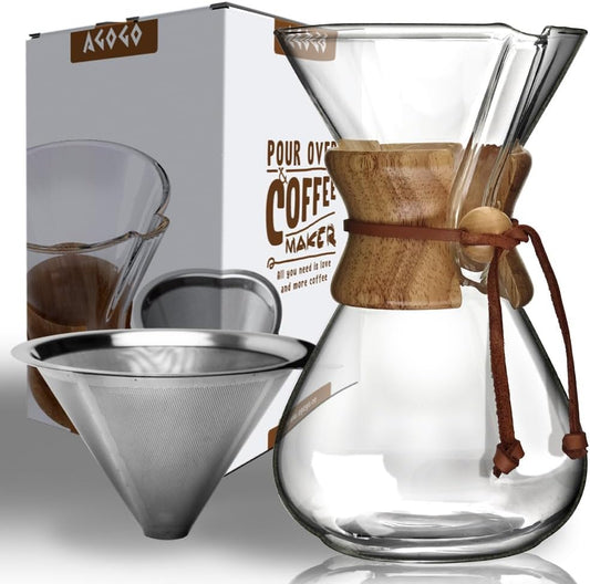 AGOGO Pour Over Coffee Maker Glass - 6/8/10 Cup Barista Kit with 304 Stainless Filter for Home, Office, Camping, Cafes - Easy Clean Coffee Dripper Set (Rag&Brush Included) (8 Cup/28 oz)