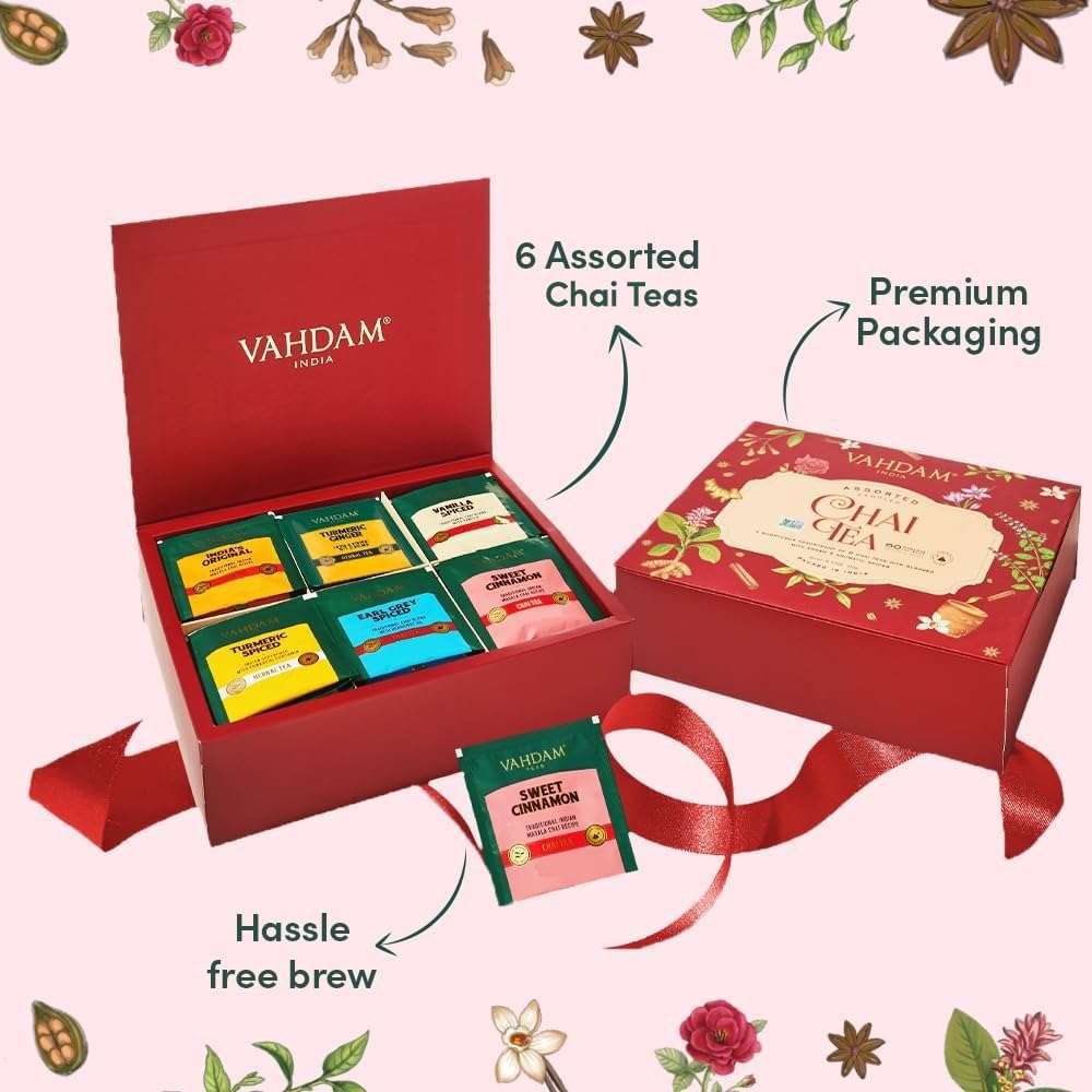 VAHDAM, Assorted Chai Tea Variety Pack (6 Delicious Flavors, 36 Eco Friendly Pyramid Tea Bags) Caffeinated, Gluten Free, Non GMO | Indian Masala Chai Tea Blends | Tea Gift Sets for Men and Women