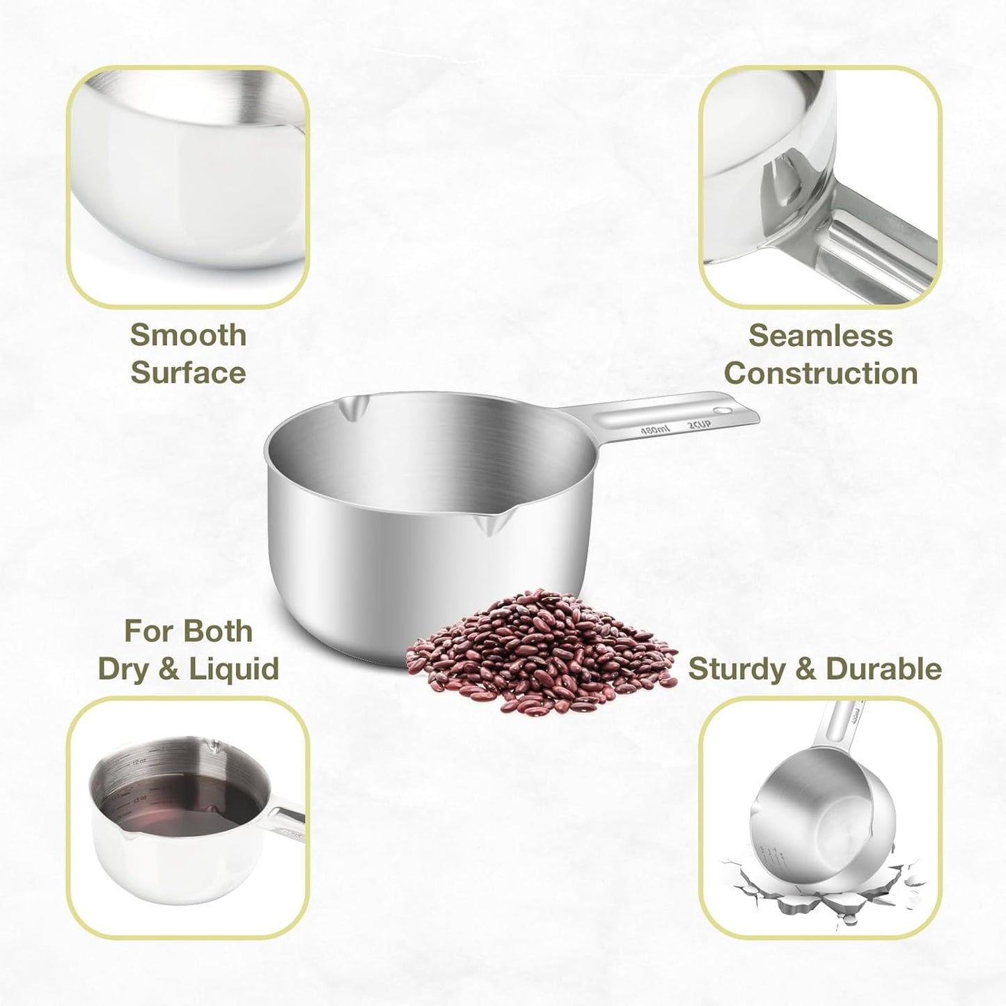 1PCS 2Cup (480ml, 16oz) Single Measuring Cup, Etched Inner Scale Stainless Steel Measure Scoop, Metric and US Measurement, Dishwasher Safe