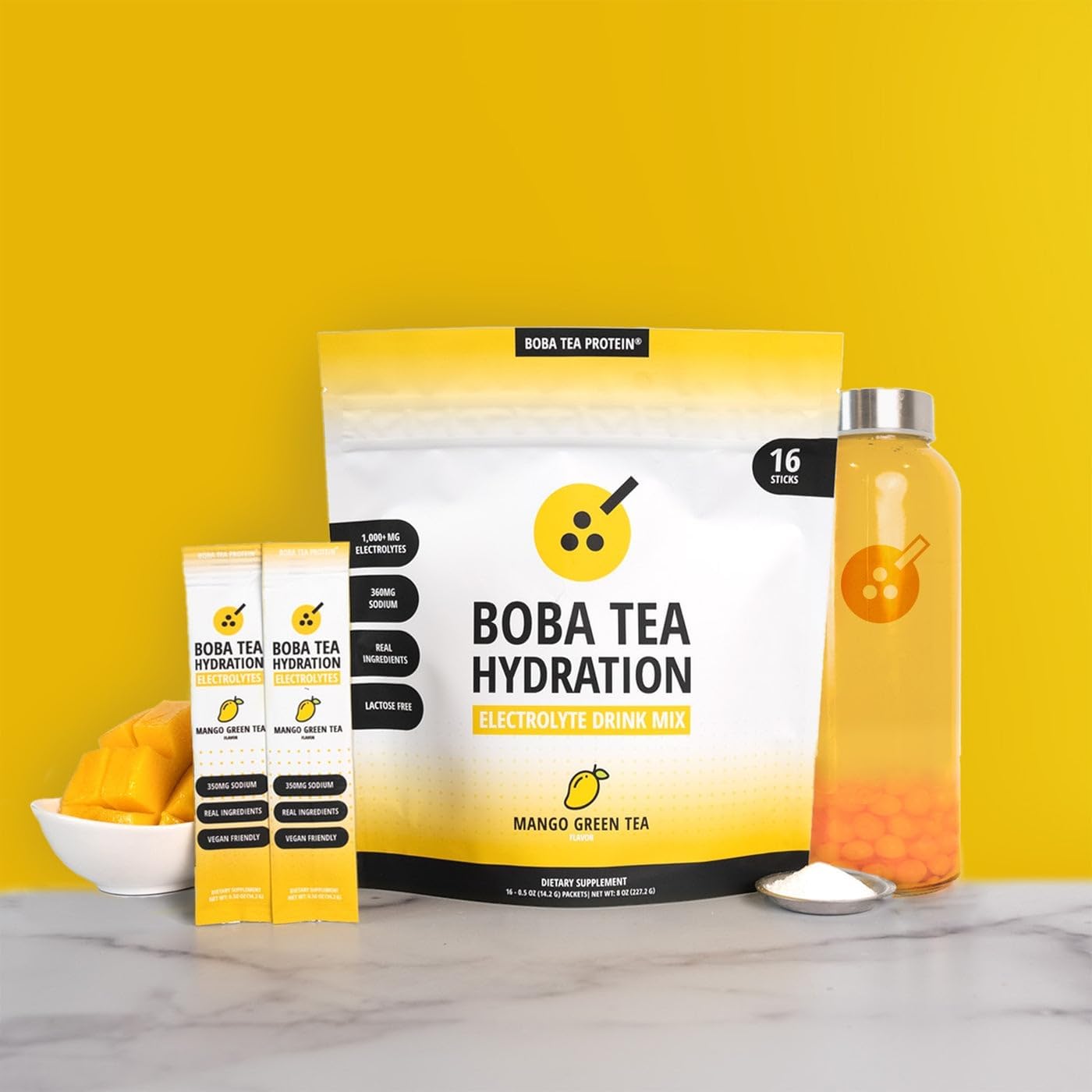 Boba Tea Hydration | Electrolyte Powder Drink Mix | Mango Green Tea | 1000mg Electrolytes, Vitamin C | 16 Stick Packets