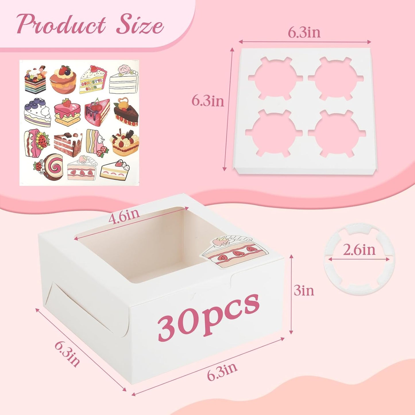 OAMCEG 30 Pack Cookie Boxes with Window 6x6x3 Inches White Bakery Treat Boxes with Stickers & Twine for Pastry, Desserts, Strawberries, Cupcakes, Gift Giving