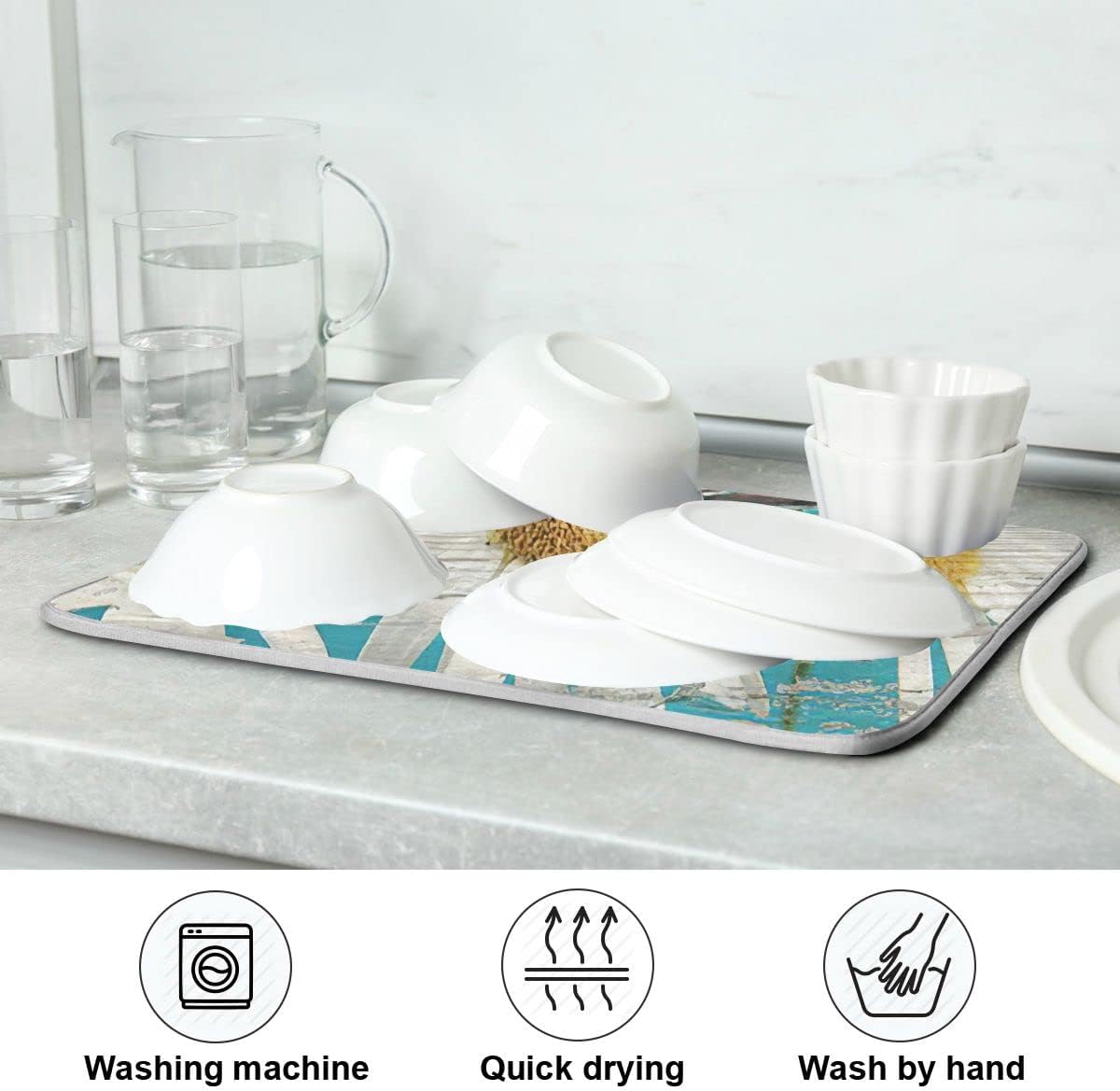 Daisy On Old Wooden Board Dish Drying Mat for Kitchen Counter Turquoise Wood Drying Mat 18 x 24 Inch with High Absorbent Reversible Microfiber Dish Drying Pad Drainer Mat for Coffee Bar