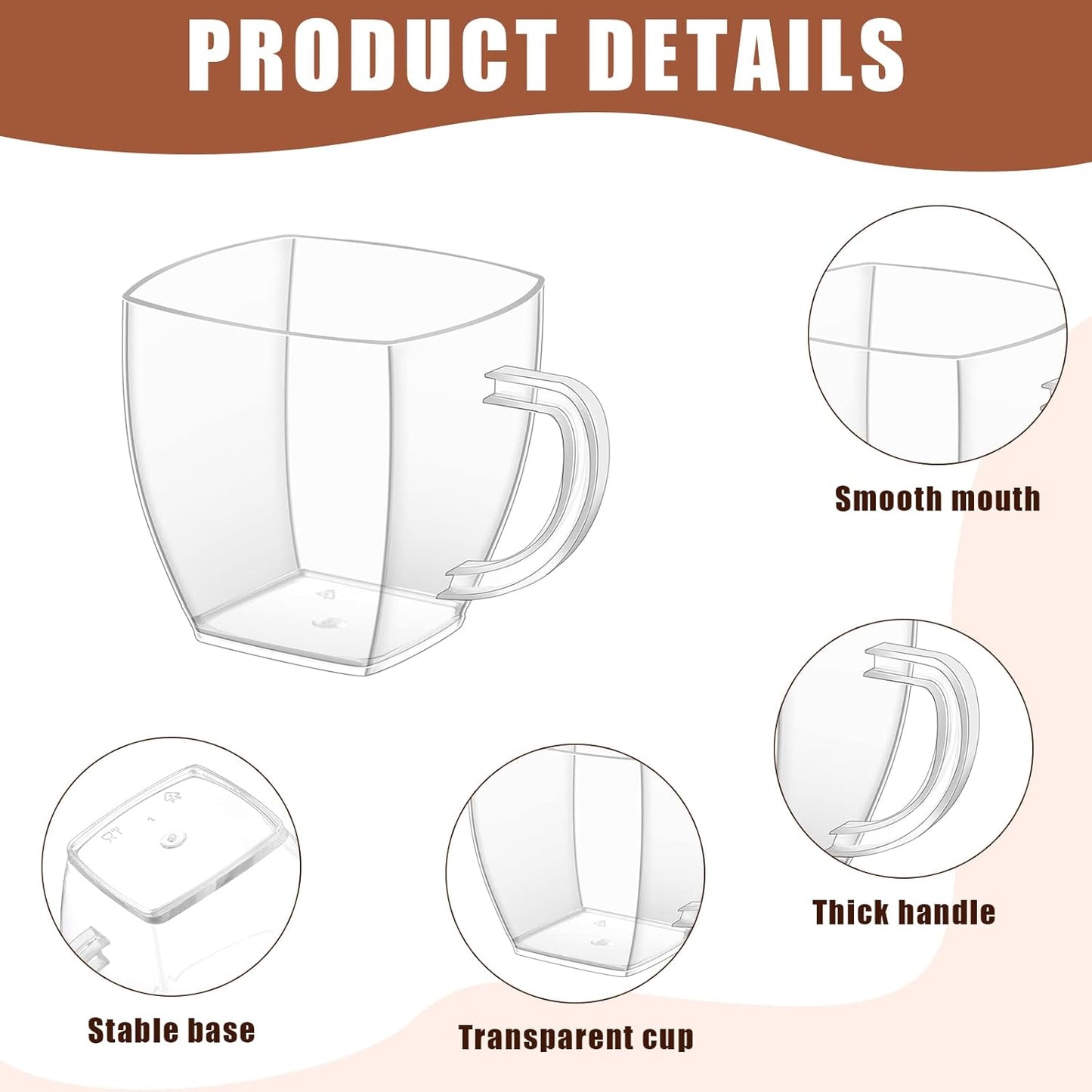 Amyhill 50 Pcs Disposable Tea Cups Mini Plastic Tea Cup Bulk with Handle Hard Plastic Coffee Mug Disposable Square Espresso Mug for Party Catering (Transparent)