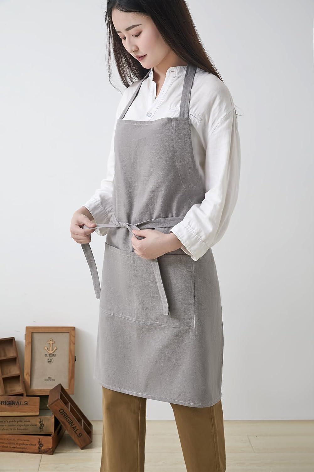 Cotton Linen Apron for Women - Adjustable Casual Apron with Pocktes, Great for Florist, Coffee House and Kitchen