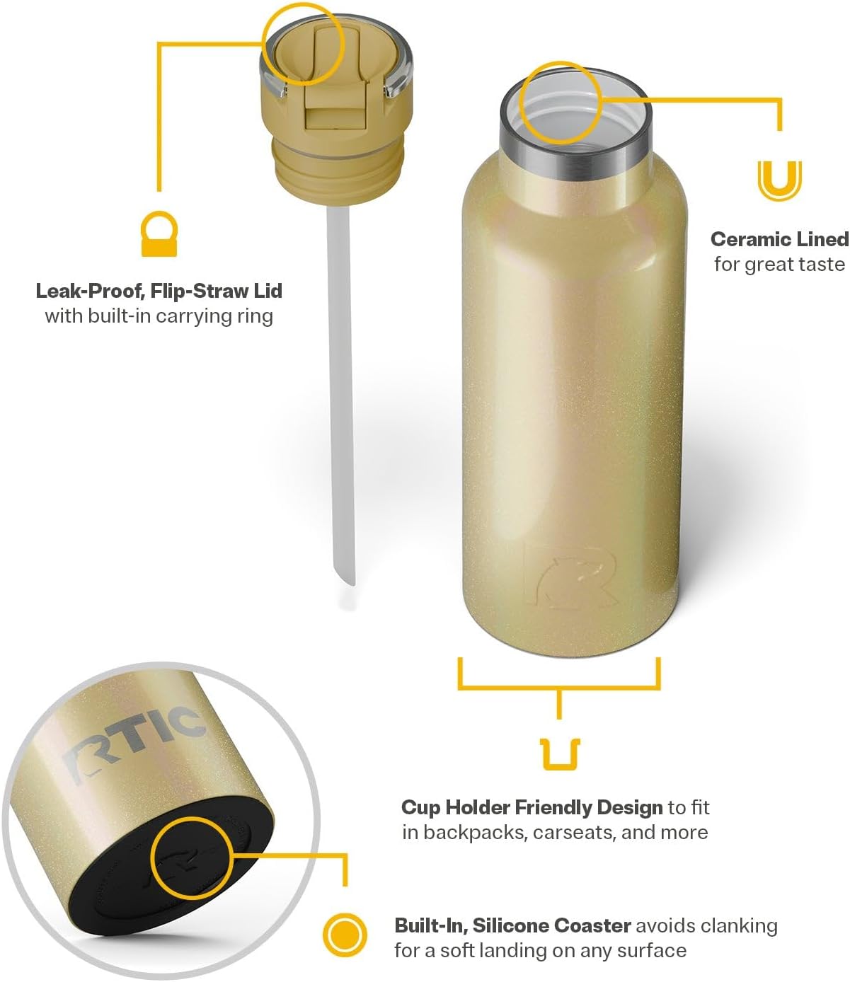 RTIC 16oz Journey Bottle Metal Stainless Steel Vacuum Insulated, BPA Free, Reusable, for Water, Hot and Cold Drinks, Travel, Sports, Camping, Sunlight Glitter