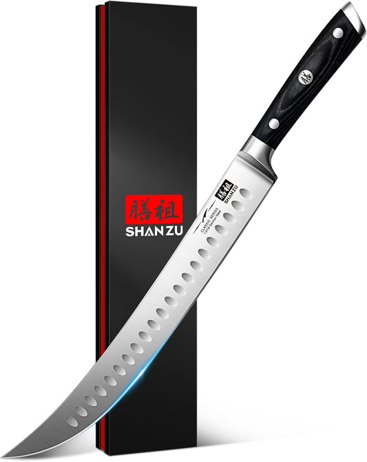 SHAN ZU 12" Slicing Knife - Brisket Slicing Meat Carving Knife Professional German 1.4116 Stainless Steel Razor Sharp Blade, Ergonomic Wood Handle & Full Tang Design, Gift Box Included
