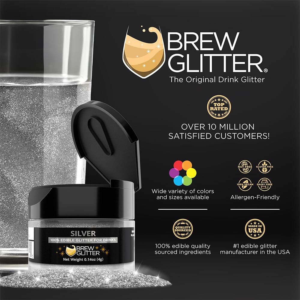Brew Glitter Silver Edible Drink Glitter 1x 4g Jar for Cocktails, Beer, & Beverages